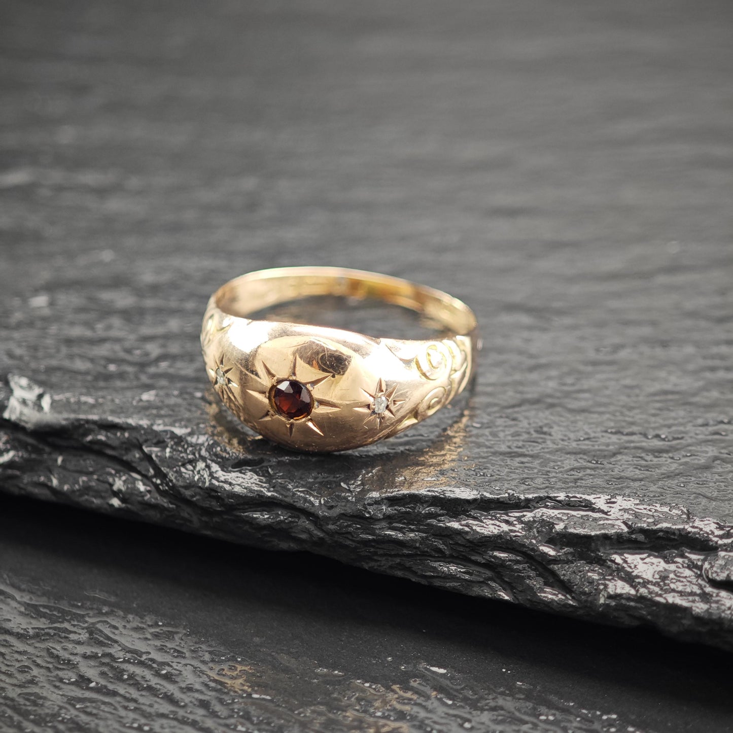 1909 Antique 9k Gold Ring Garnet Diamond Ring