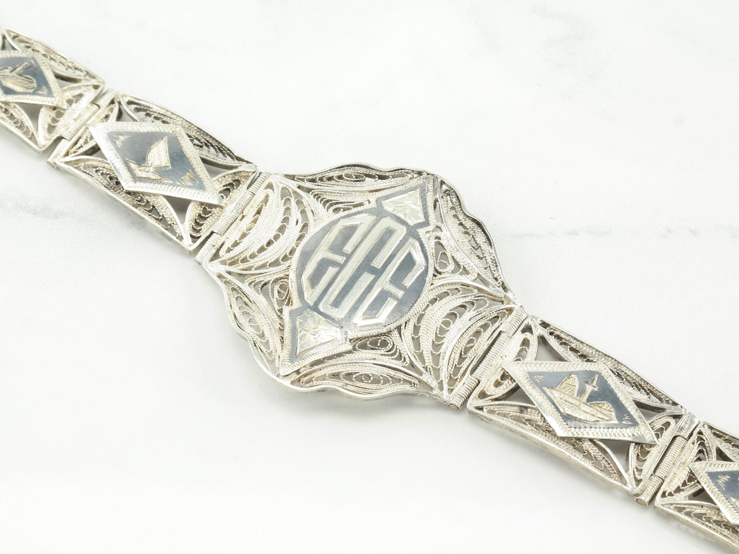 1943 Egyptian Sterling Silver Filigree Panel Bracelet Scenic