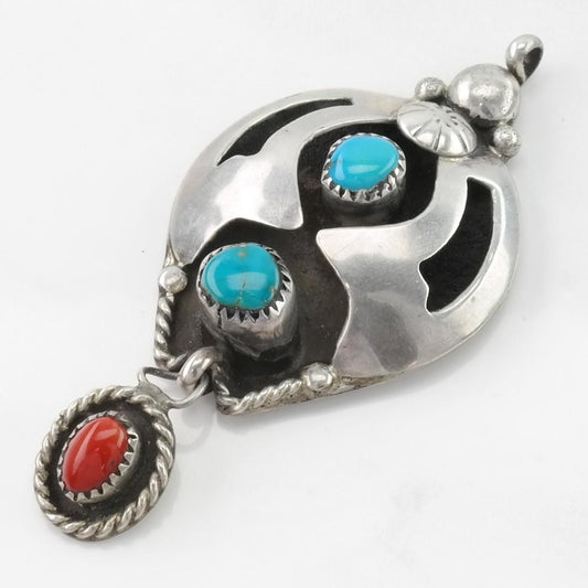 Vintage Native American Turquoise, Coral Shadowbox, Dangle Sterling Silver Pendant