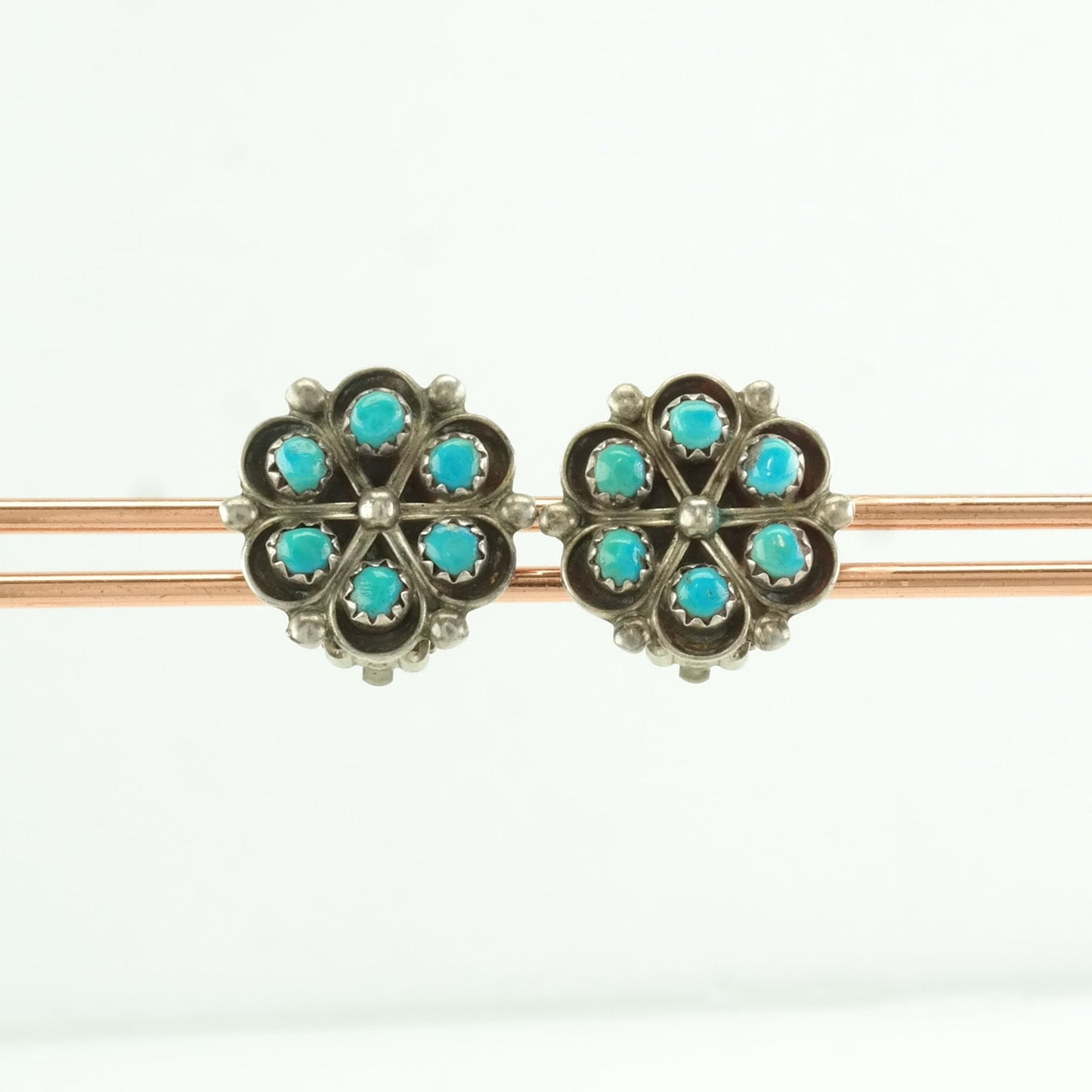 Vintage Sterling Silver Clip on Earrings Native American Blue Turquoise Needle Point, Floral