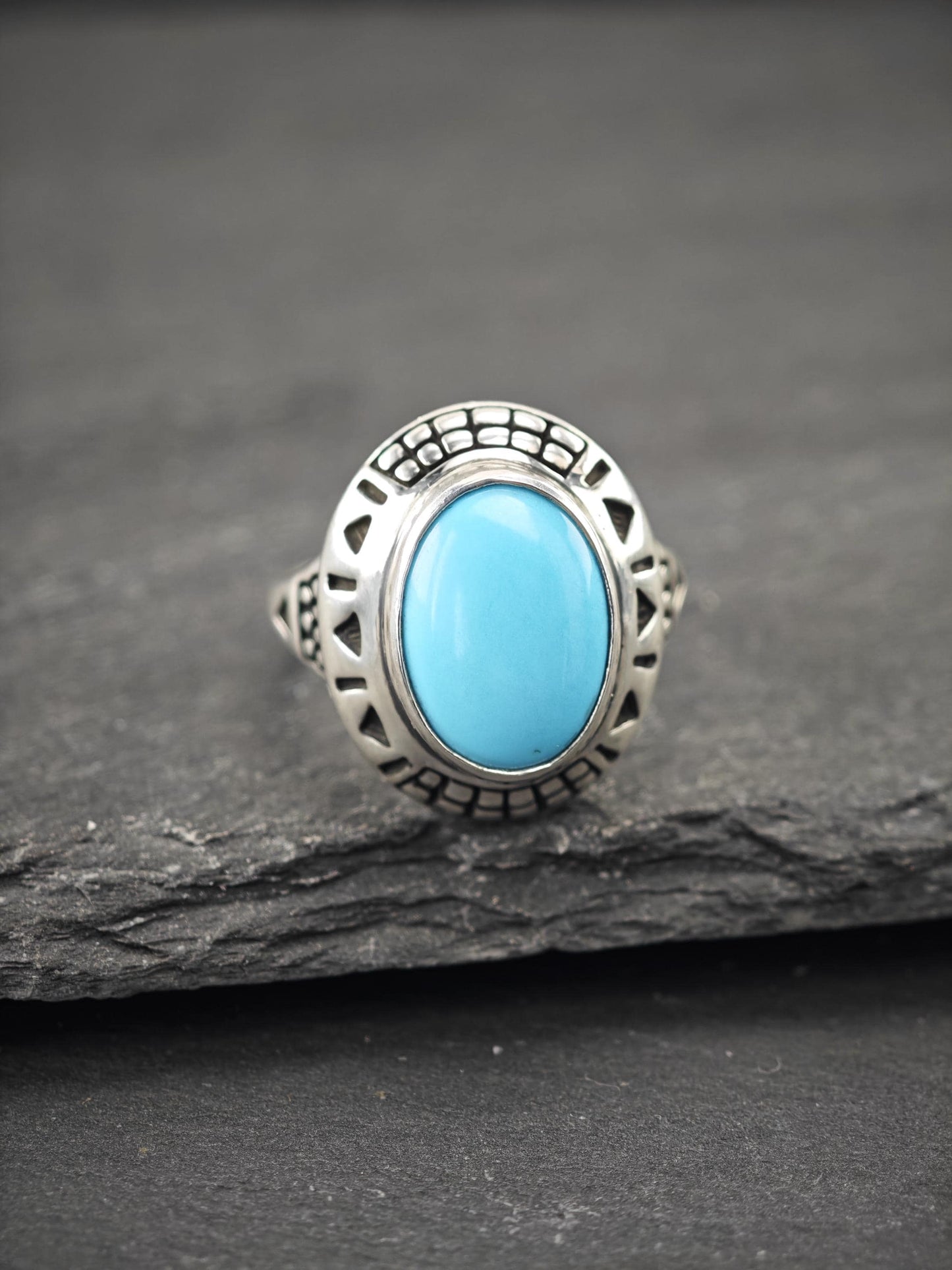 Vintage Oval Block Turquoise Ring Sterling Silver