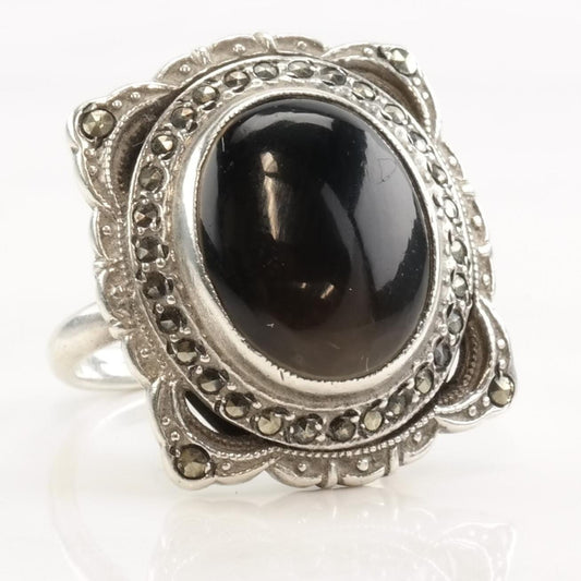 Vintage Art Deco Silver Ring Onyx Marcasite Oval Sterling Black Size 4 1/2