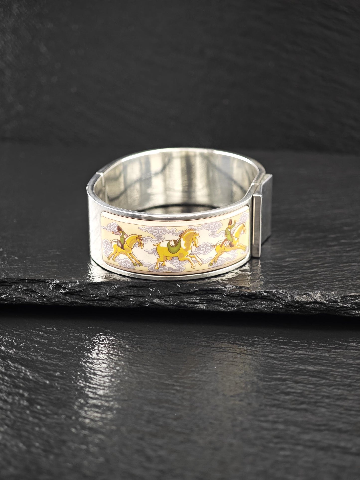 Rare Hermes Equestrian Bangle Bracelet Sterling Silver Porcelain Vintage