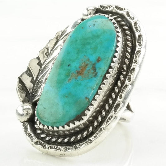 Vintage Native American Silver Ring Turquoise Leaf, Large Sterling Blue Size 6 3/4