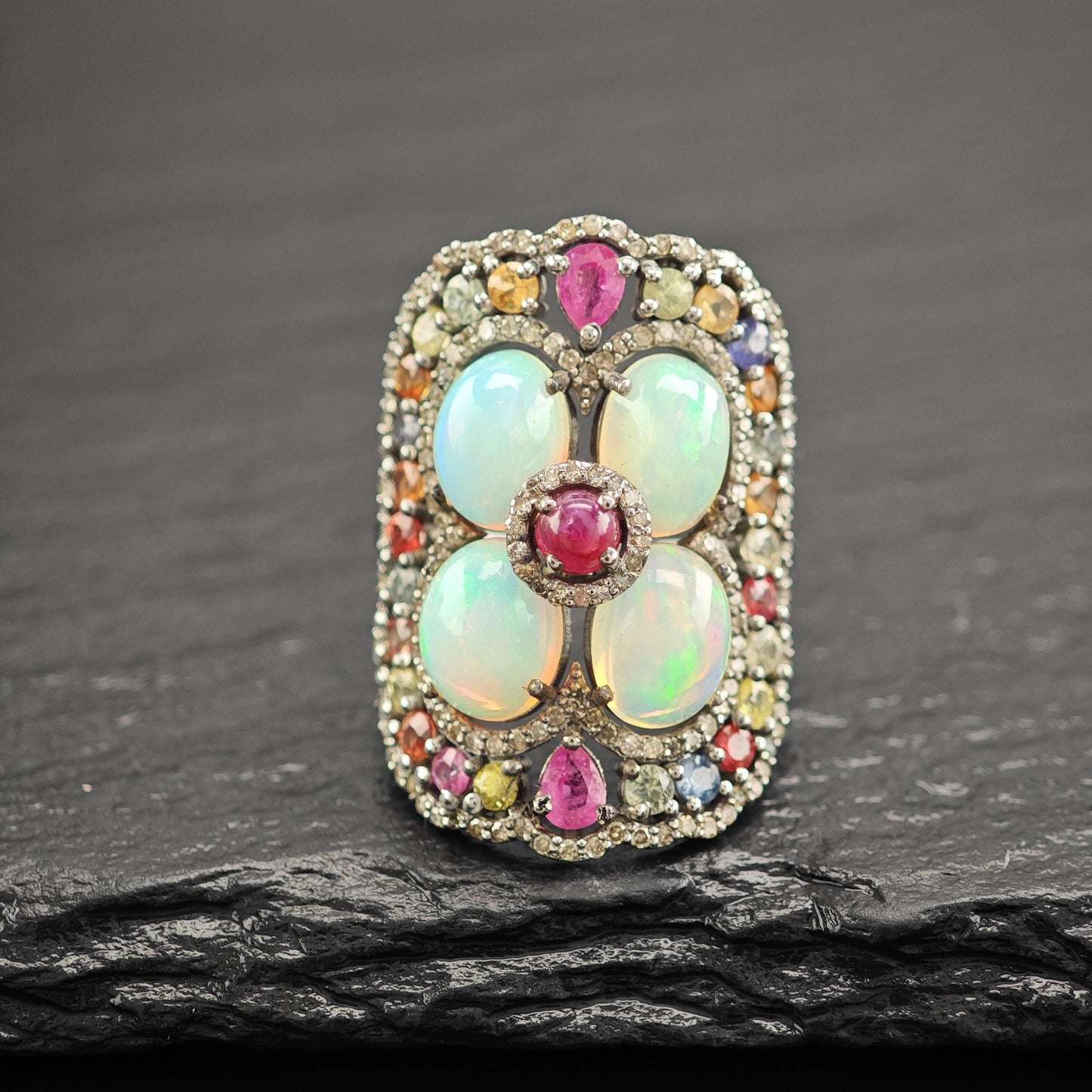 Oxidized Sterling Silver Ring with Ruby, Opal, Diamond, Sapphires