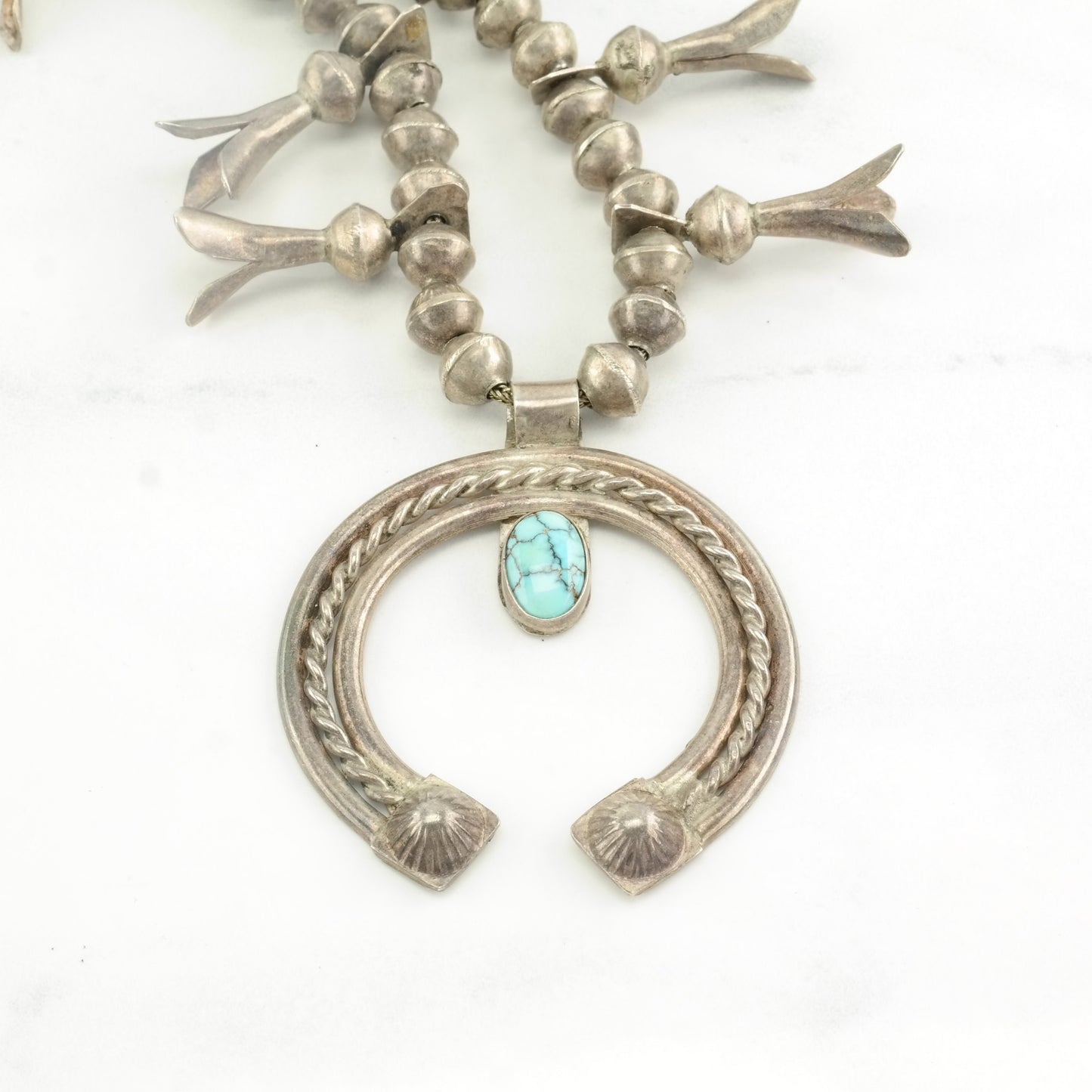 Vintage Native American Sterling Silver Blue Number 8, Squash Blossom Turquoise Necklace