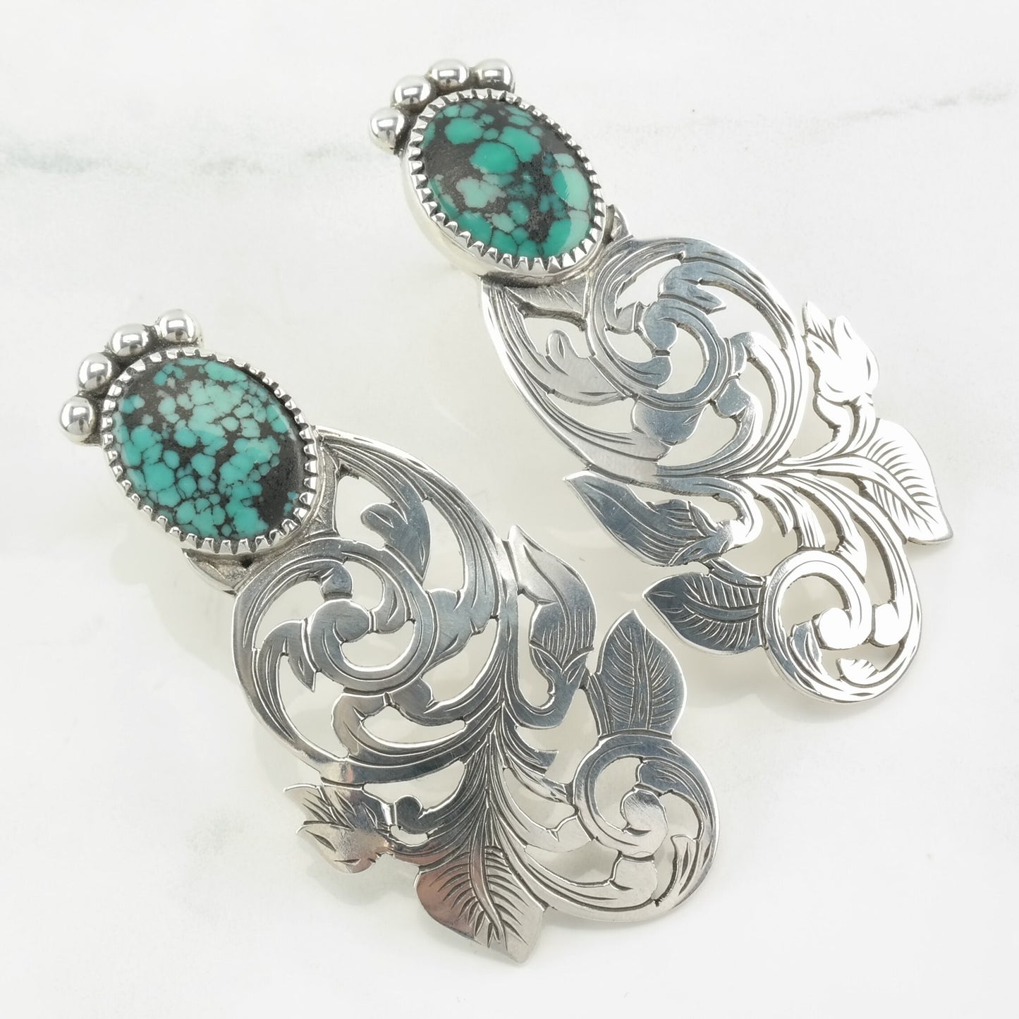Sterling Silver Blue Turquoise Floral, Leaf Earrings Stud