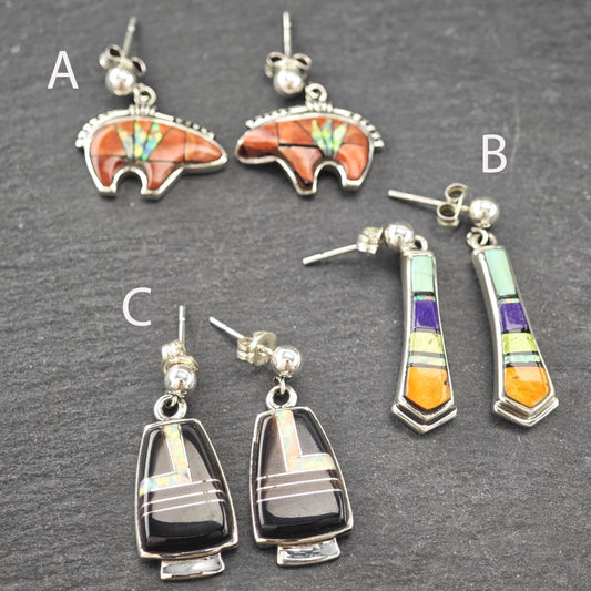 Choice of Southwest Inlay, Lab Opal Pierced Dangle Earrings Sterling Silver