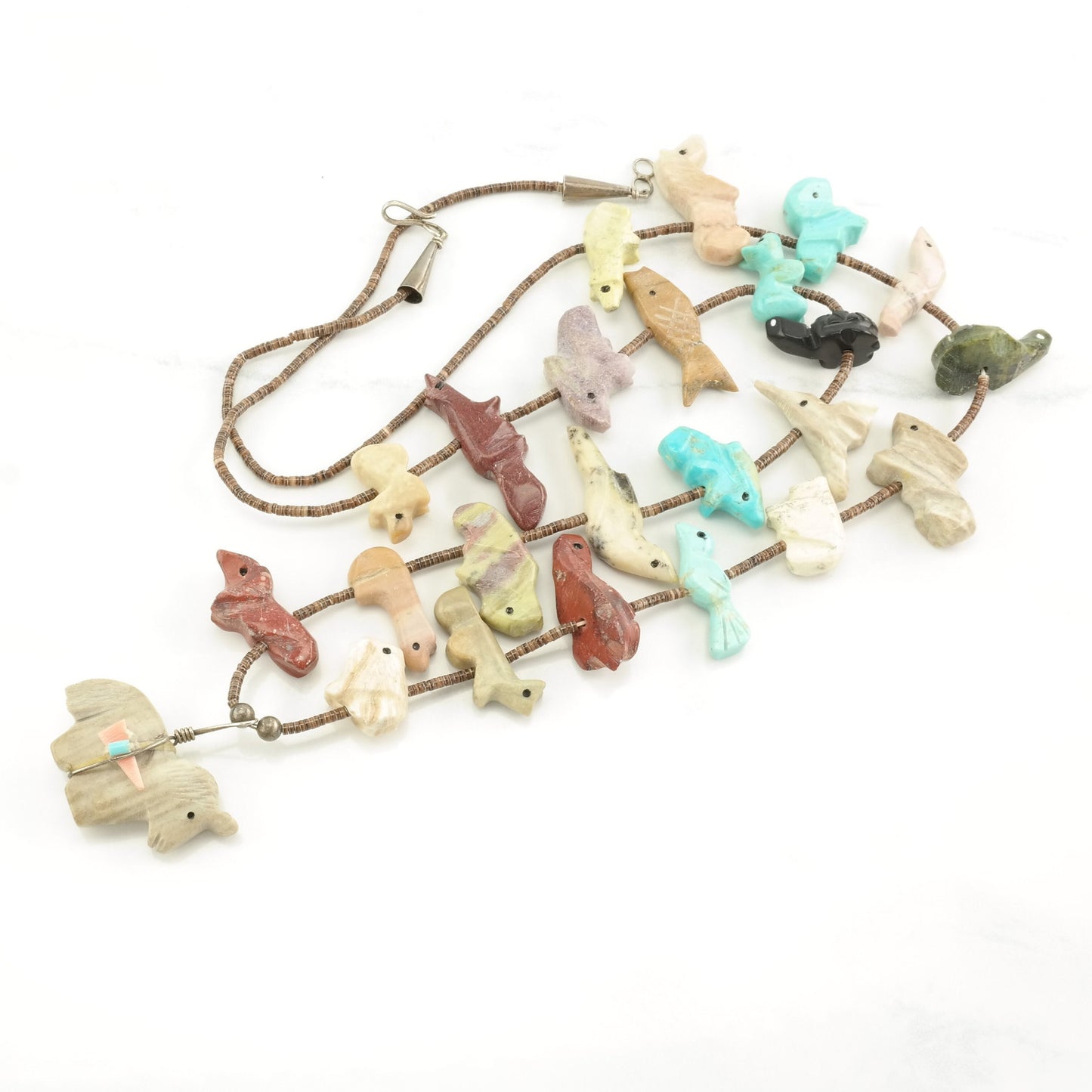 Vintage Native American Sterling Silver Onyx, Turquoise Horse, Carved Animals Necklace