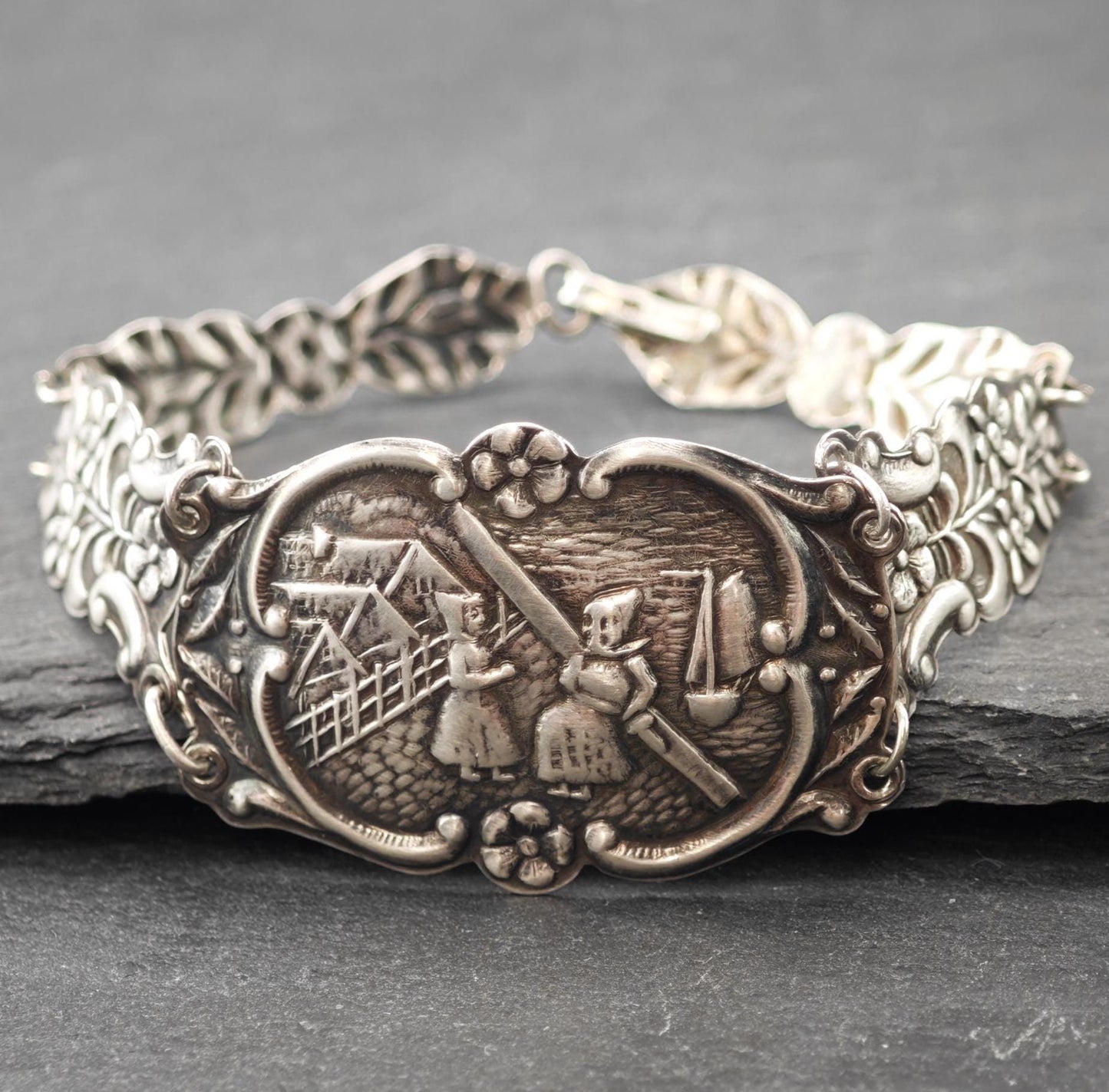 Vintage Repousse Foreign Sterling Silver Bracelet