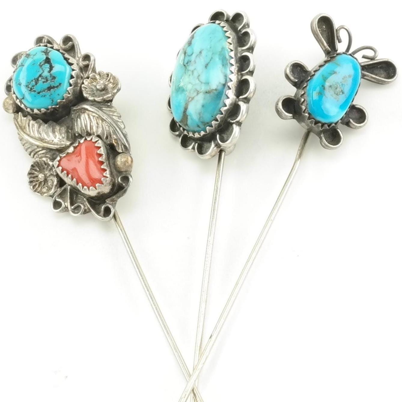 Choice: Native American Sterling Silver Brooch Floral Blue, Red Turquoise, Coral