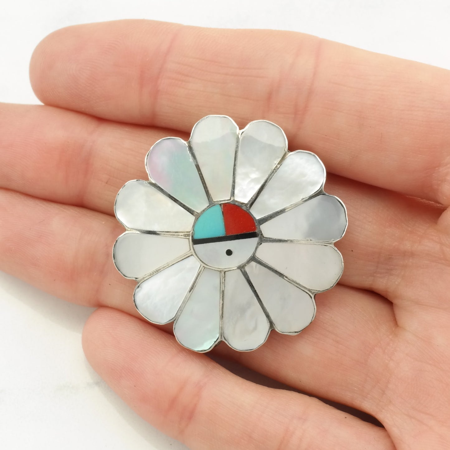 Vintage Native American Multi Gemstone Inlay Sterling Silver Pendant