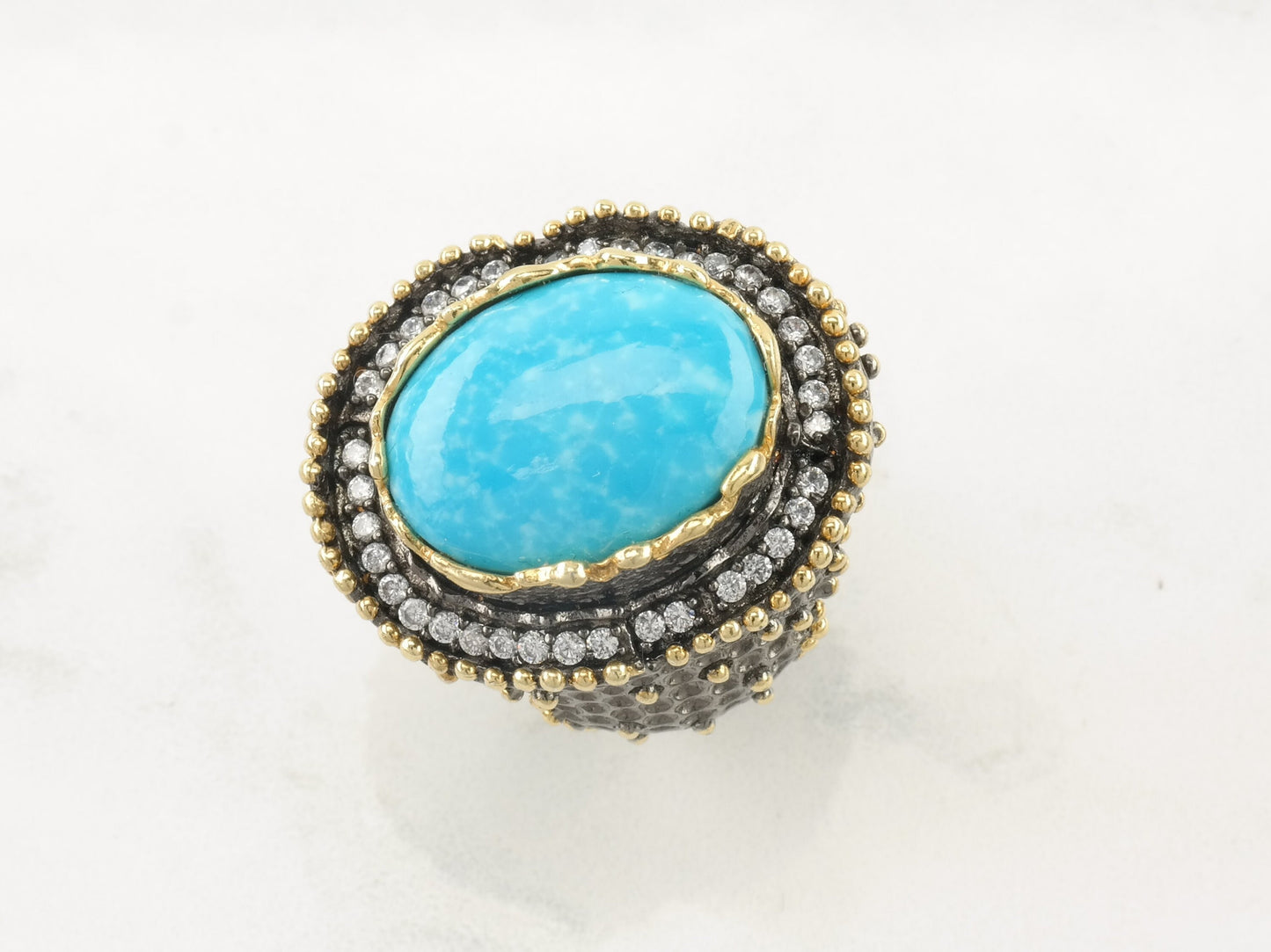 Vintage JAS Sterling Silver Ring Turquoise Diamond Blue Oval Textured Size 7 1/4