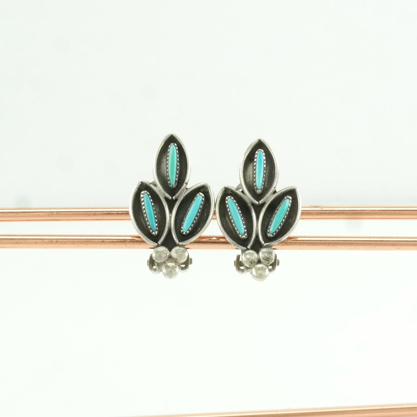 Vintage Sterling Silver Clip on Earrings Native American Blue Turquoise Needle Point, Floral