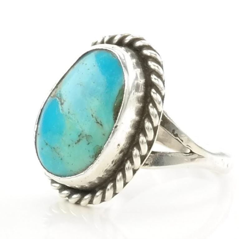 Vintage Southwest Silver Ring Turquoise Rope Detail Sterling Blue Size 6