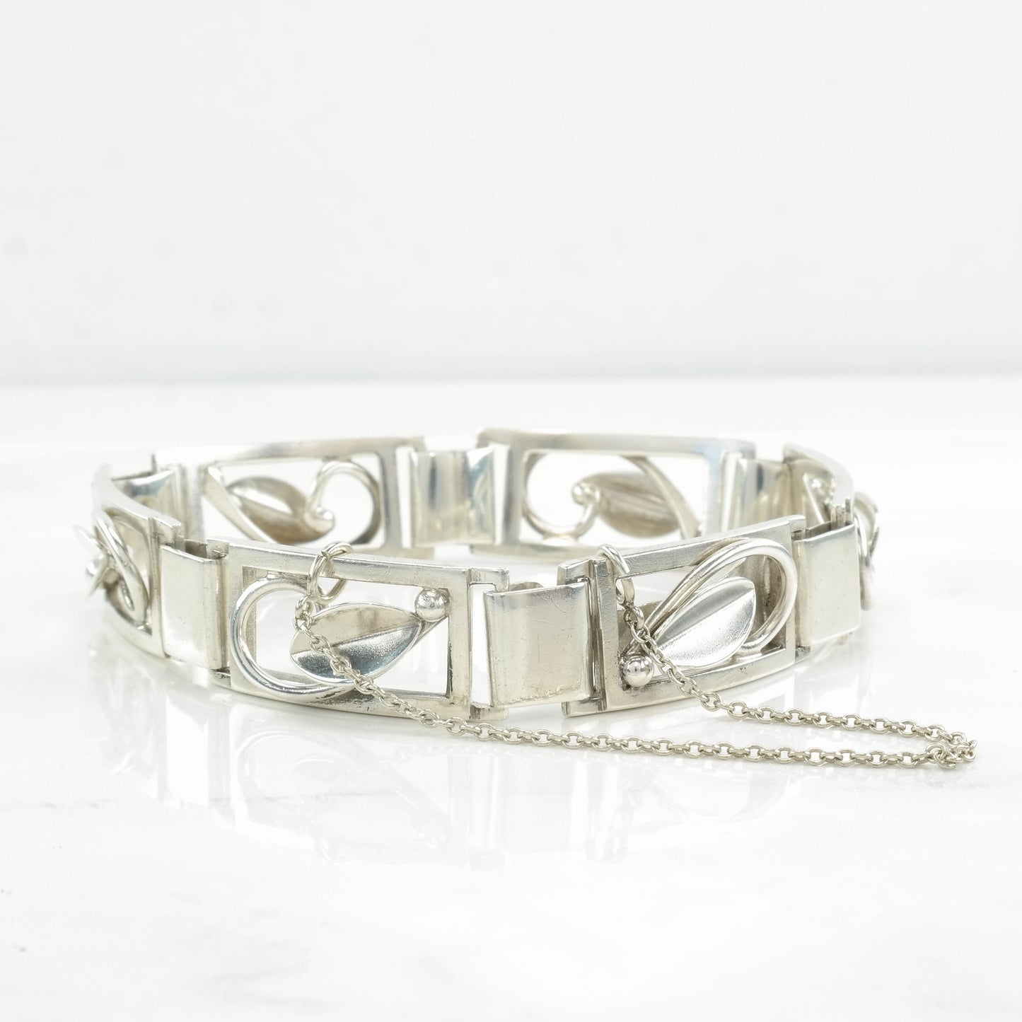 Antique Danish Sterling Silver Link Bracelet Leaf
