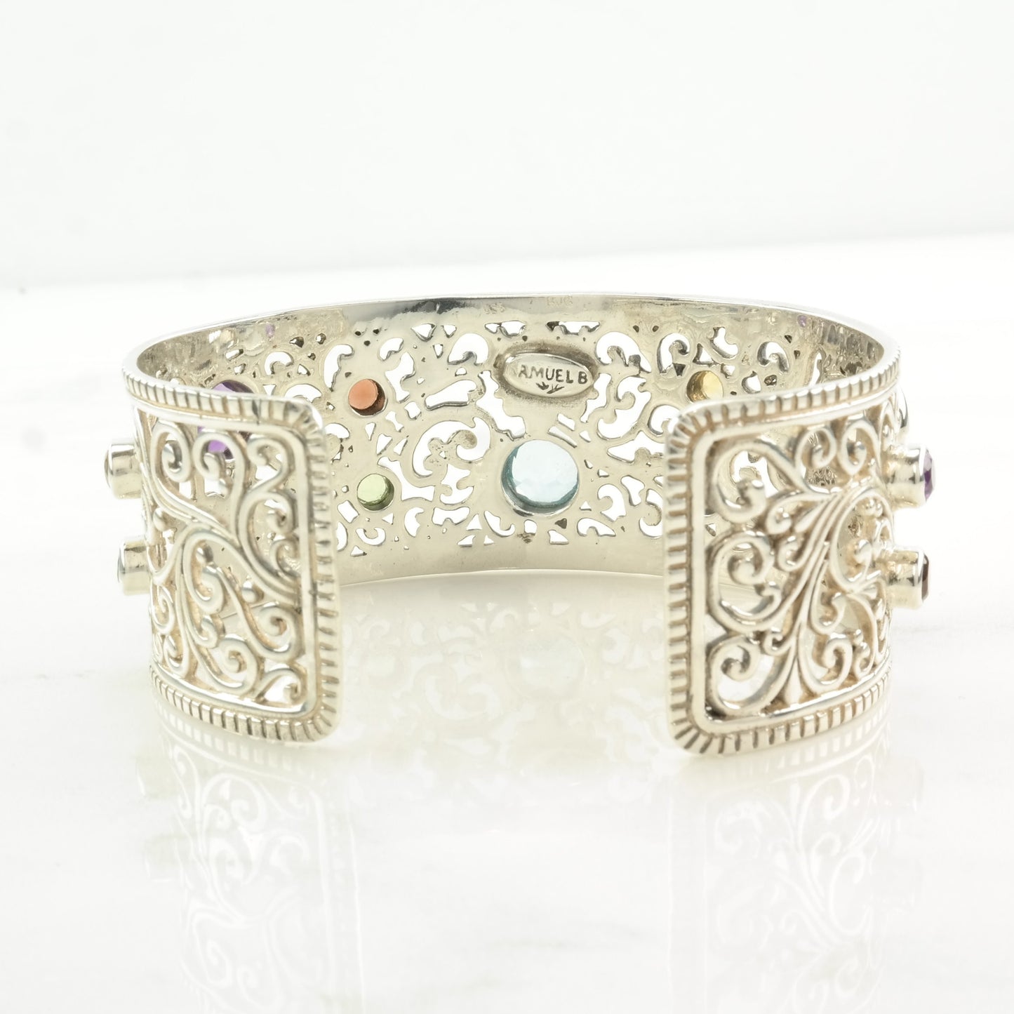 Samuel B Natural Gemstone Cuff Bracelet Open Filigree Sterling Silver