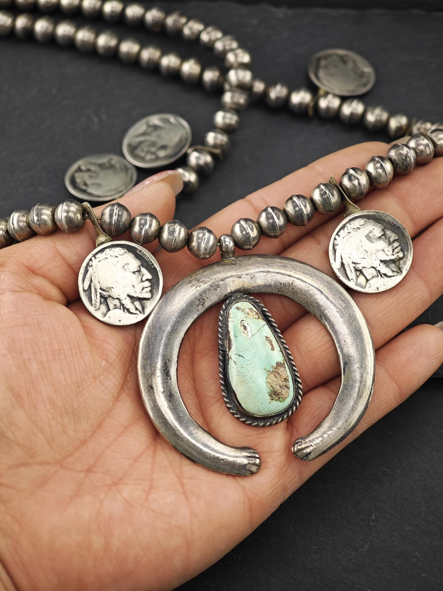Native American Green Turquoise, Buffalo Nickles Squash Blossom Necklace Sterling Silver