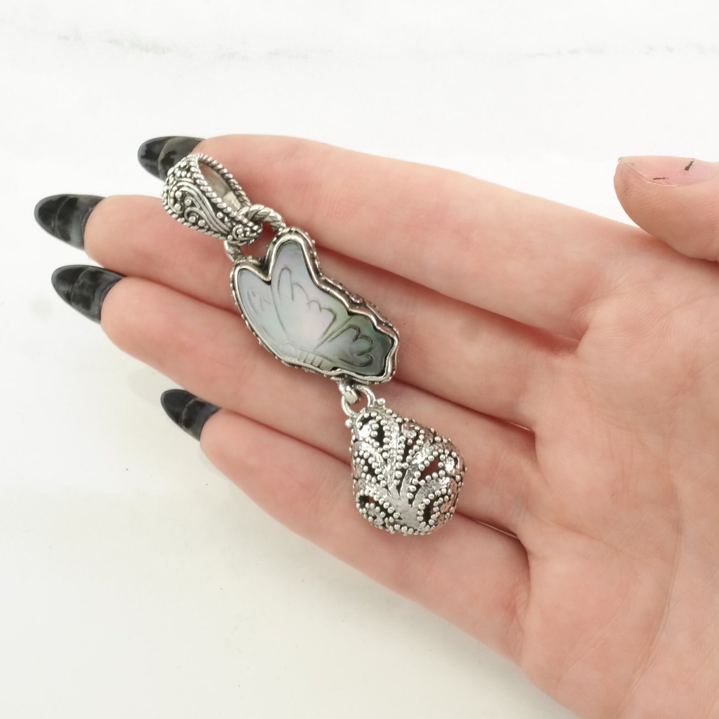 Vintage MOP Butterfly, Scroll Sterling Silver Pendant