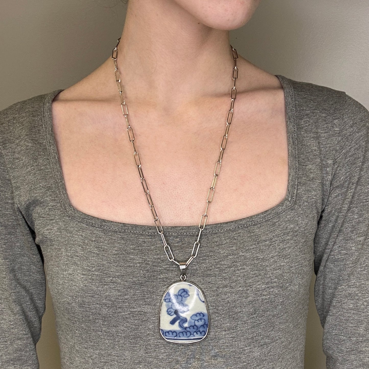 Vintage Chinese Sterling Silver Blue, White Painted Porcelain Trees Necklace