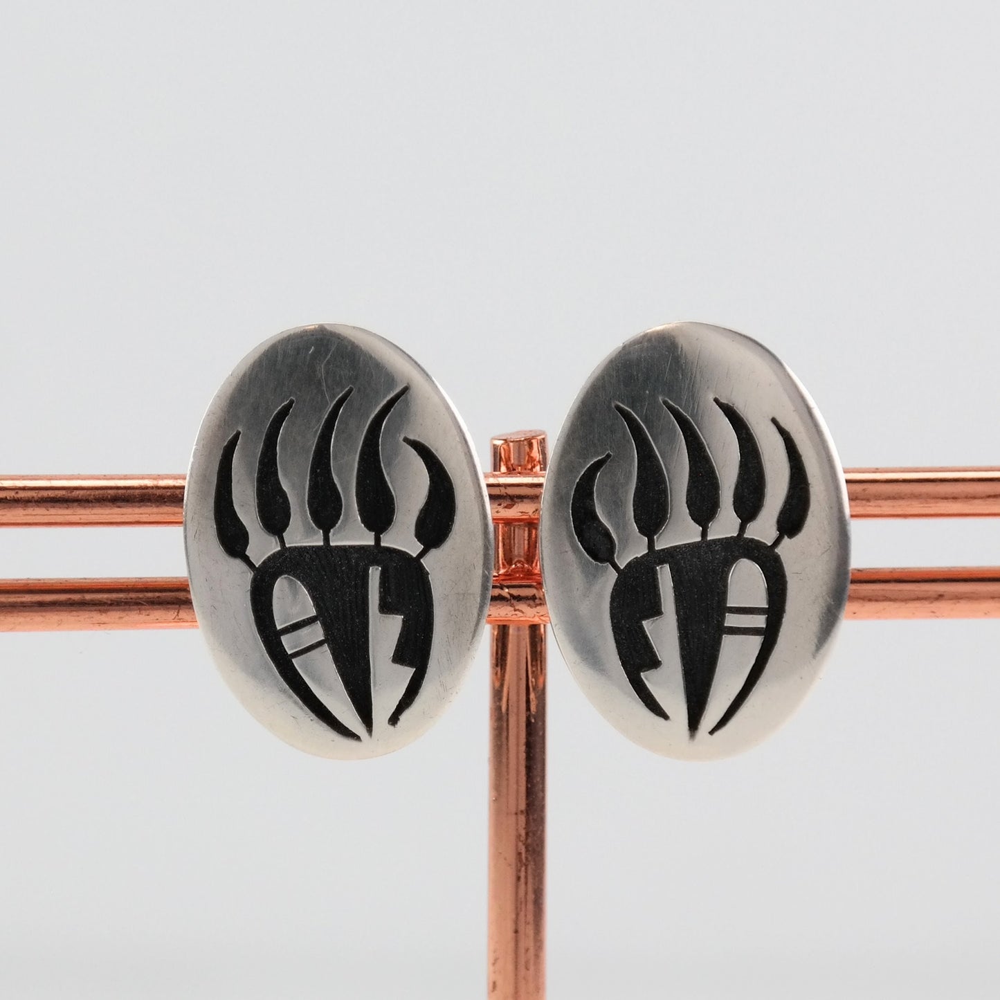 Hopi Sterling Silver Bear Paw, Overlay Earrings Clip on