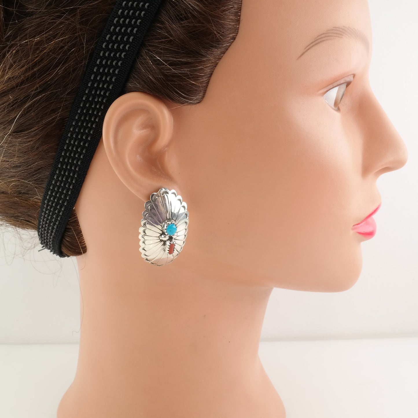 Native American Sterling Silver Turquoise Coral Concho Earrings Stud