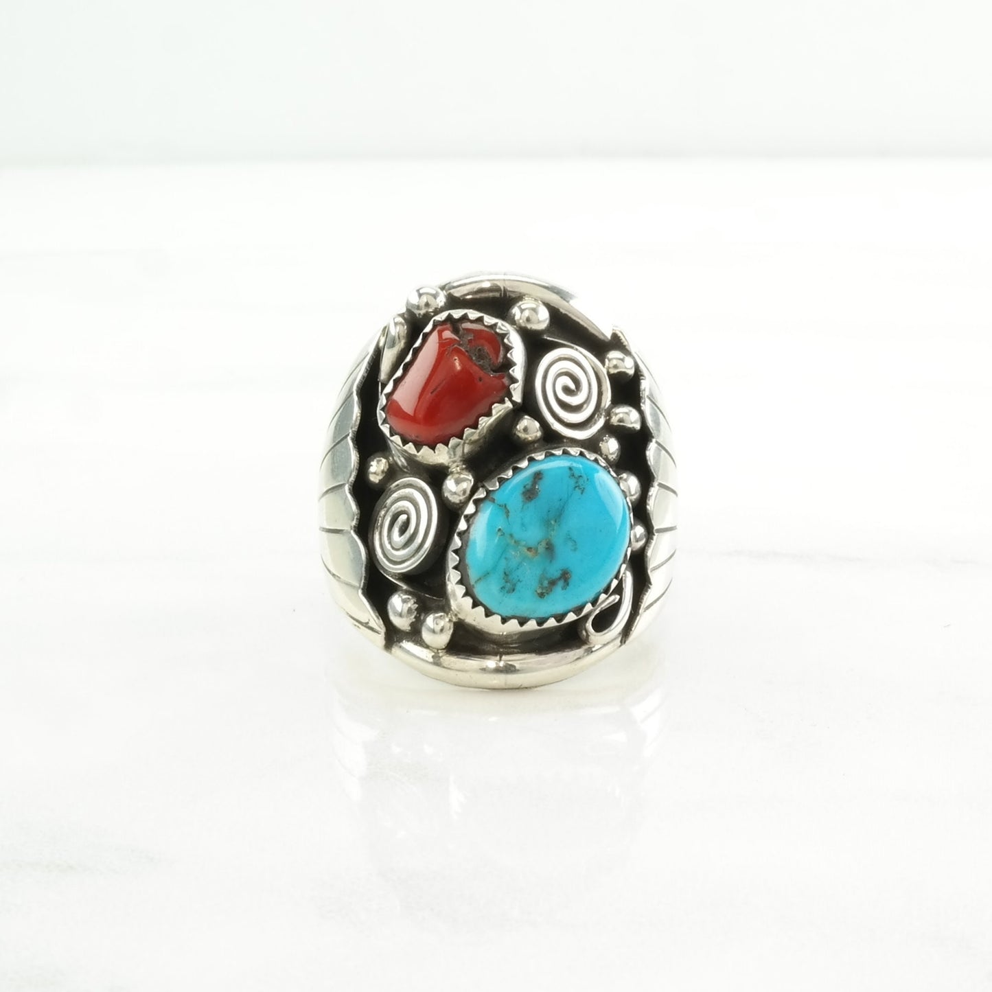 Vintage Native American Silver Ring Turquoise, Coral Leaf Sterling Blue, Red Size 11 3/