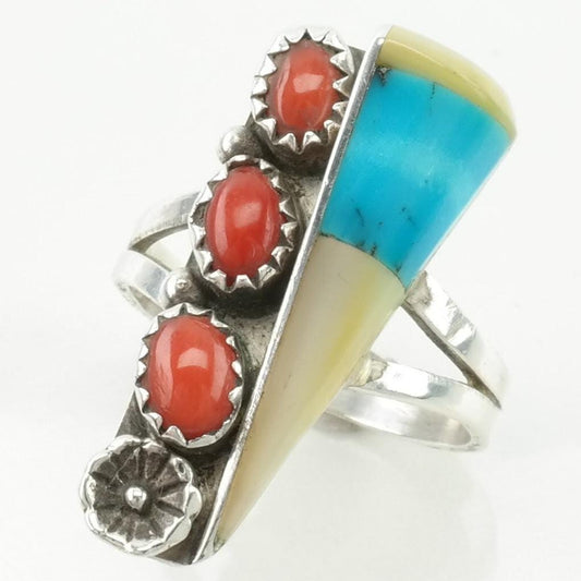Vintage Native American Silver Ring Turquoise, Coral, MOP Inlay Sterling Size 7