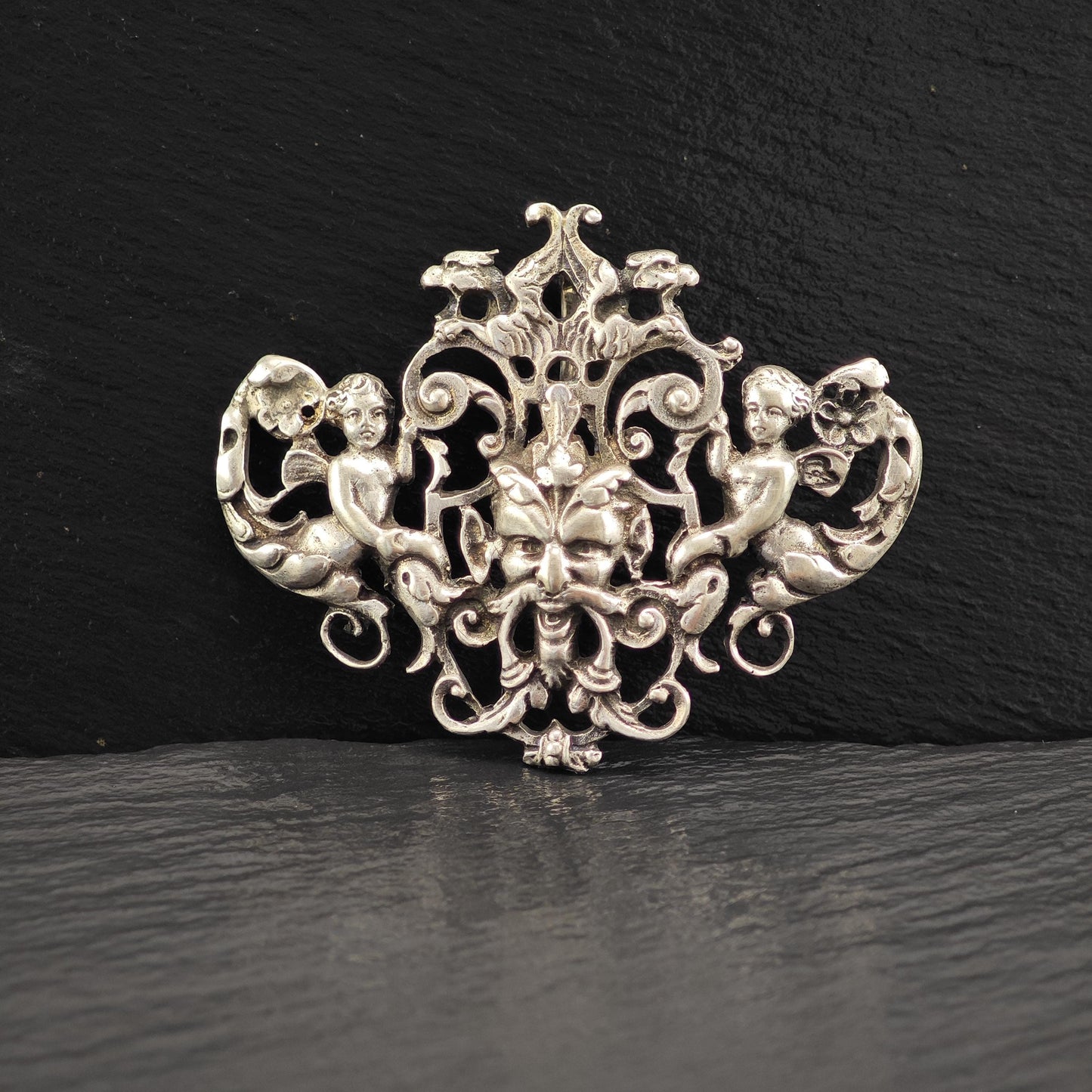 Horned God of Wine Pendant with Cherub Angels in Sterling Silver