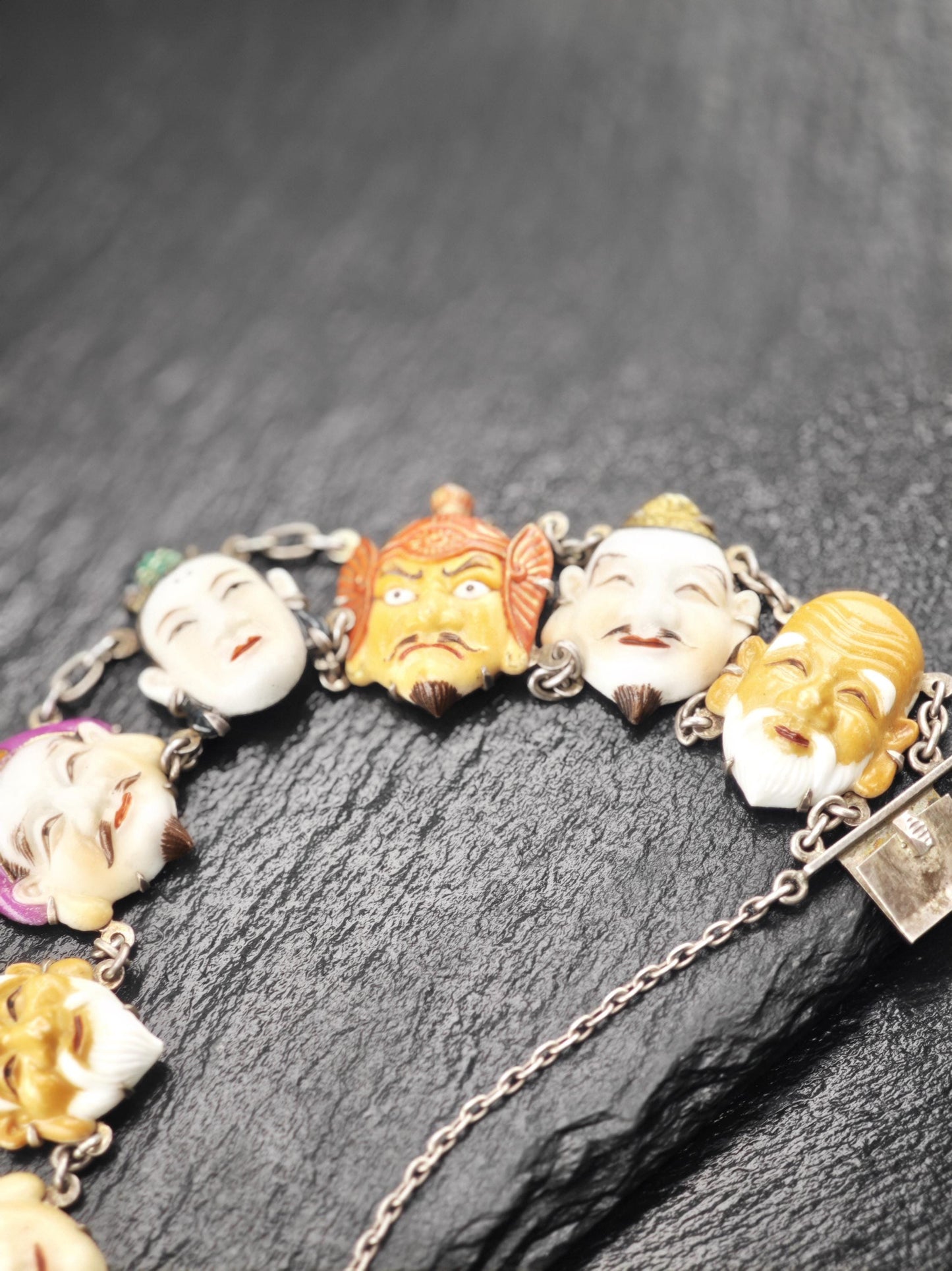 Pristine Japanese Toshikane, 7 Gods of Fortune Bracelet, Porcelain Sterling Silver