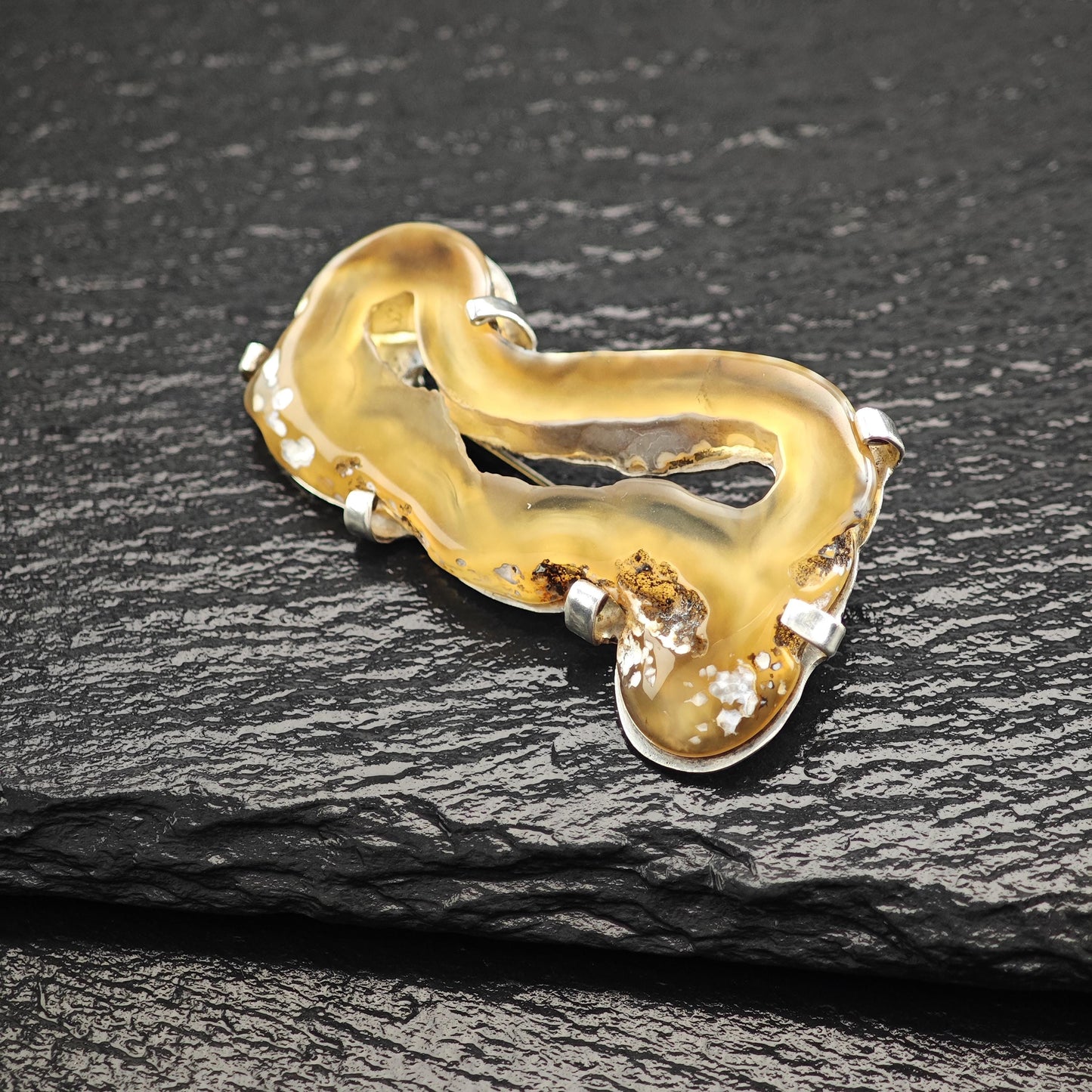 Vintage Tan Clear, Abstract Agate Brooch Sterling Silver