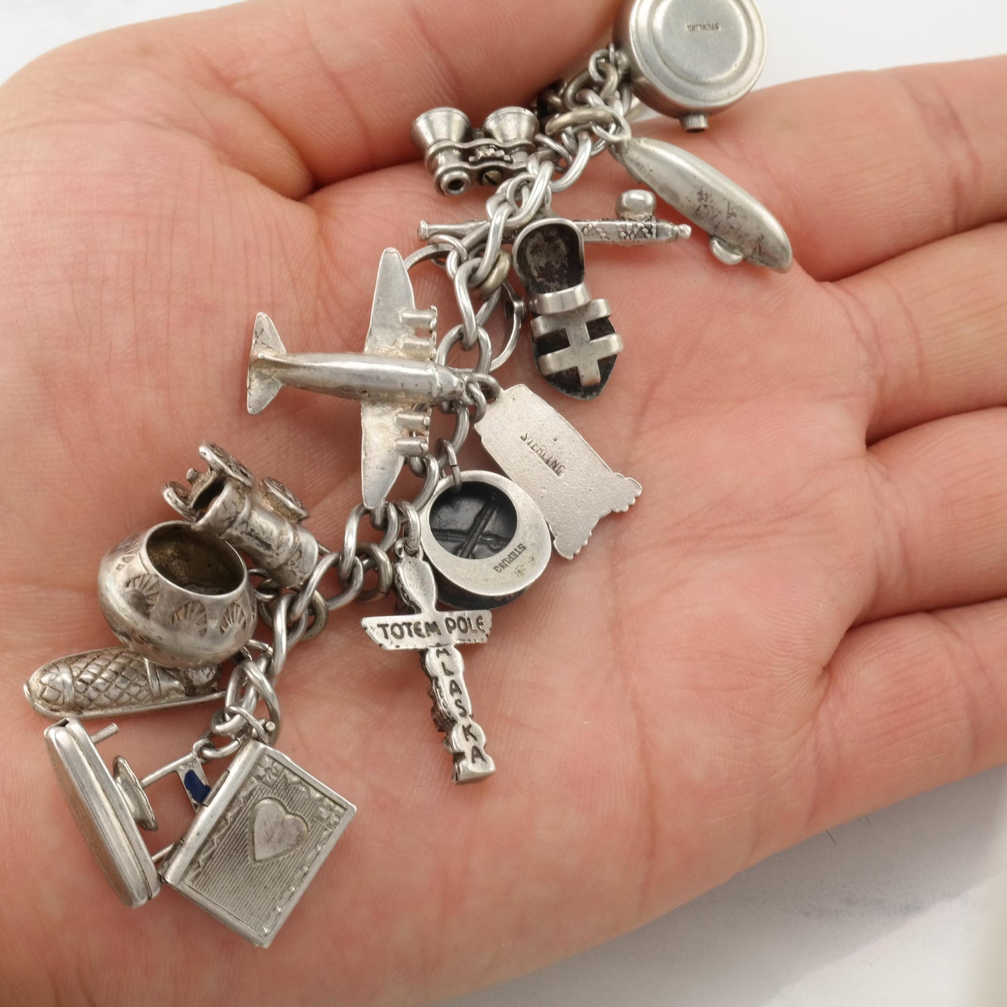 WWII Era Sterling Silver 32 Charms Bracelet Western, Military & Misc