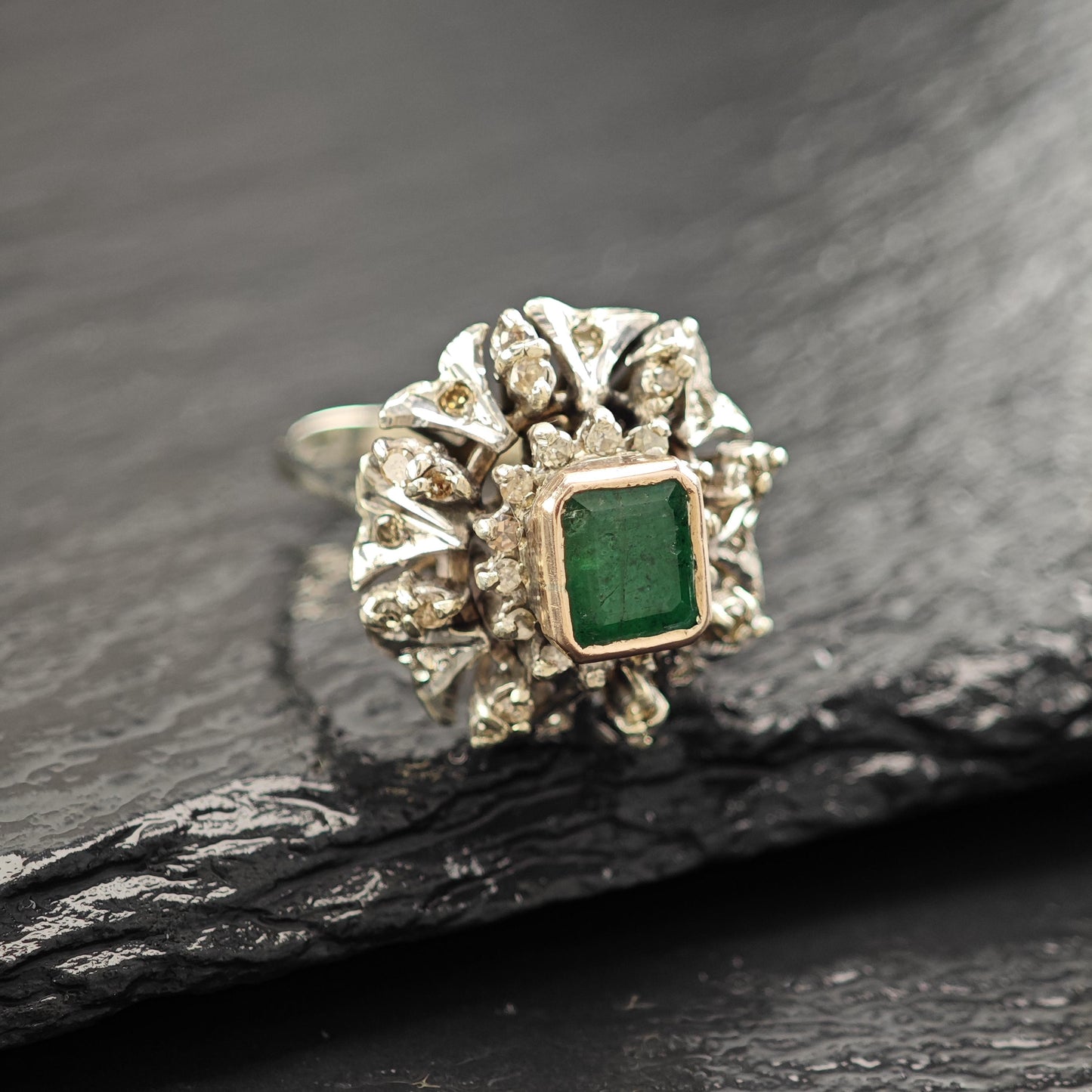 1ct Emerald Diamond Ring Sterling Silver Gold Bezel