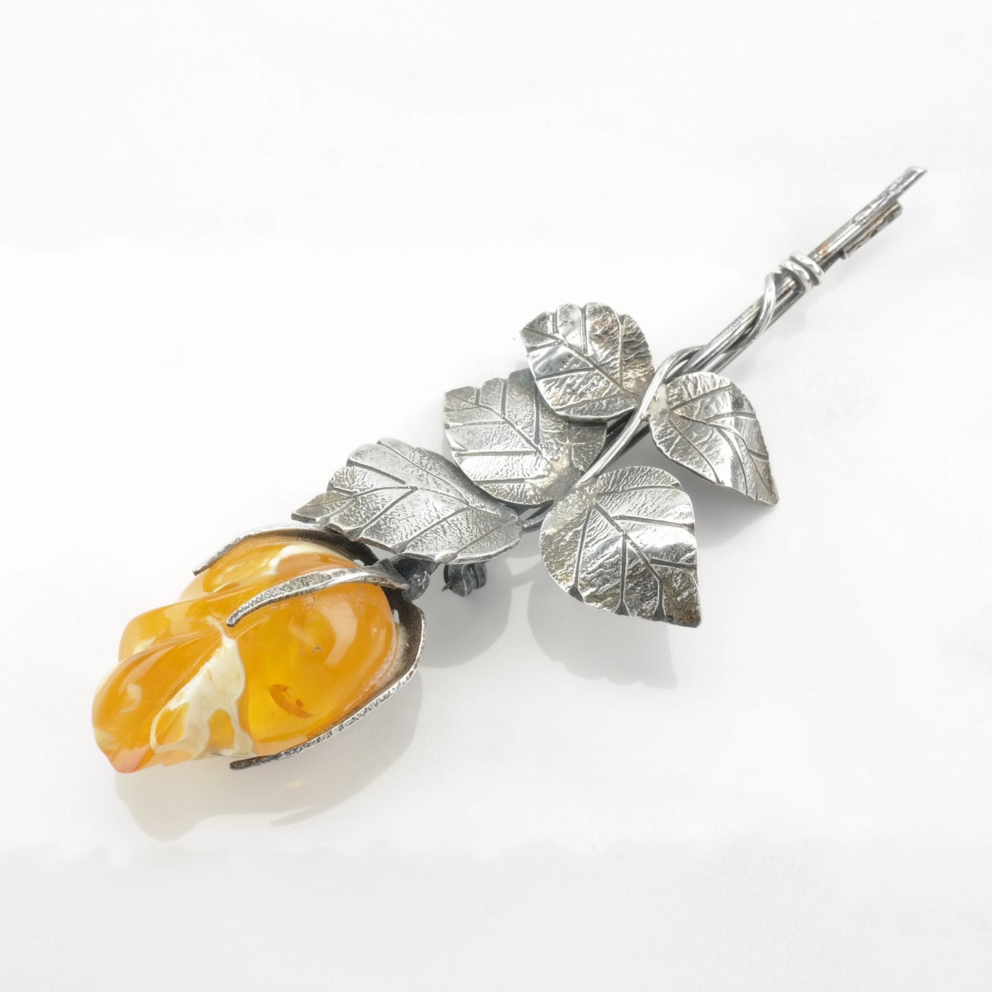European Sterling Silver Brooch Rose, Floral Butterscotch Amber