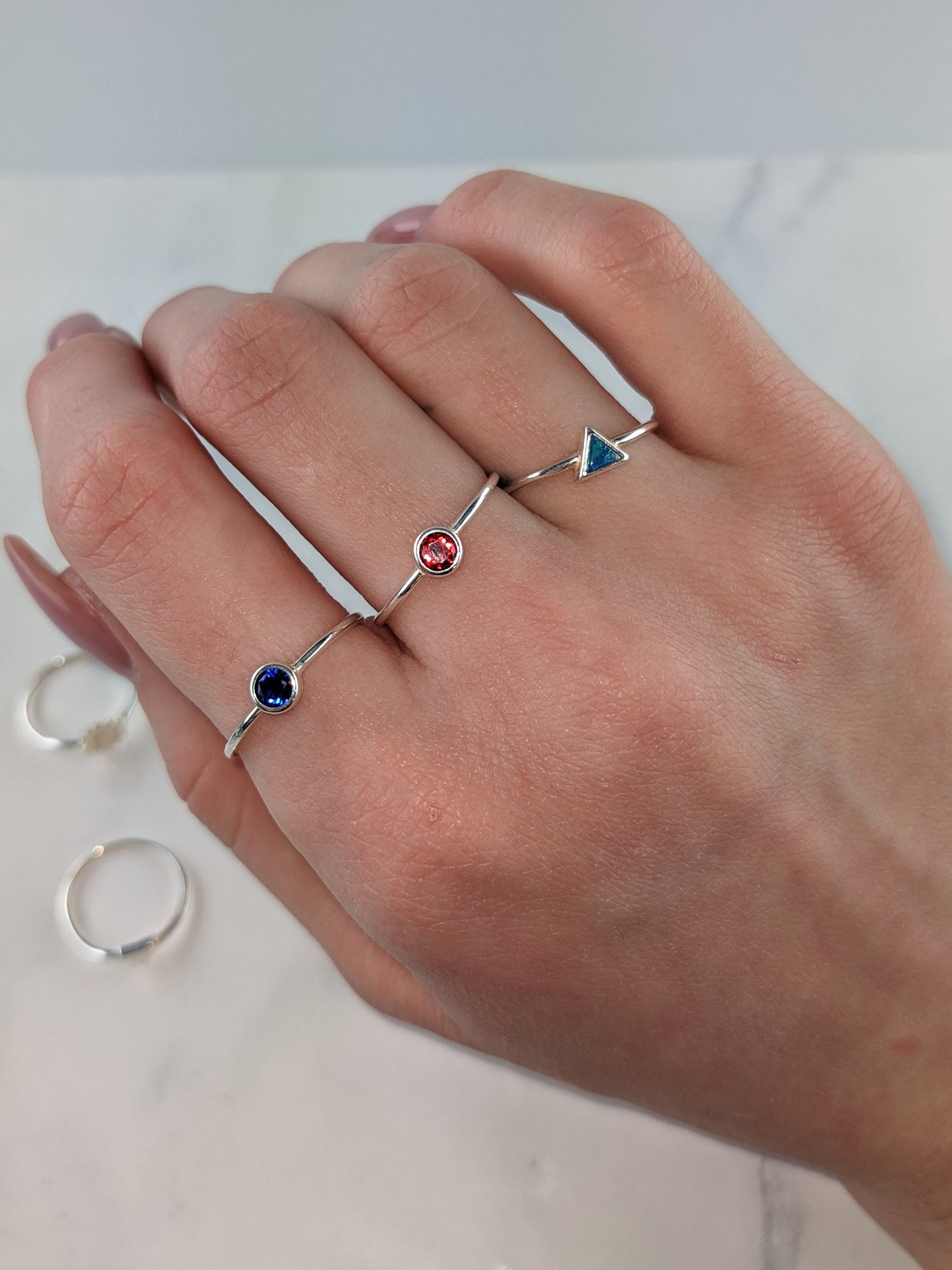 Minimalist Silver Ring Lab Opal Triangle Sterling Blue Size 6-8