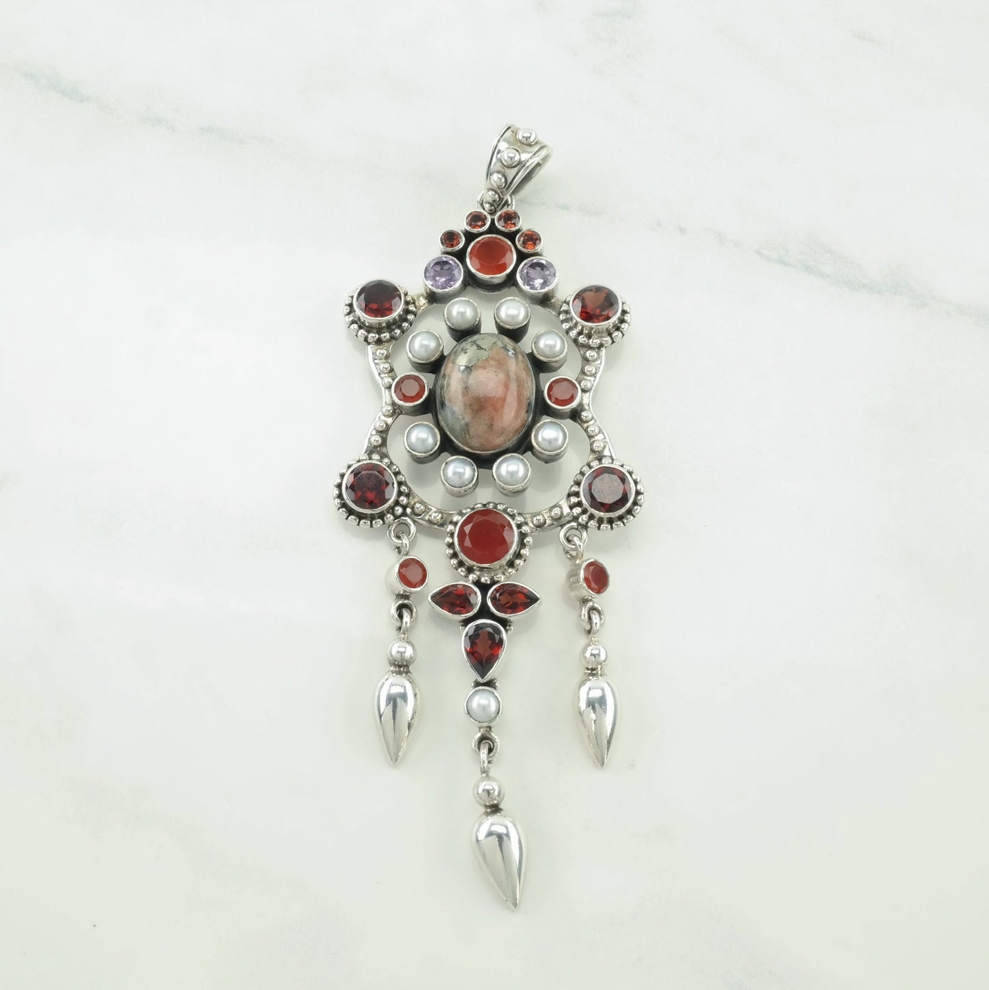 Vintage Nicky Butler Rhodonite, Garnet, Carnelian Large, Cluster Sterling Silver Pendant