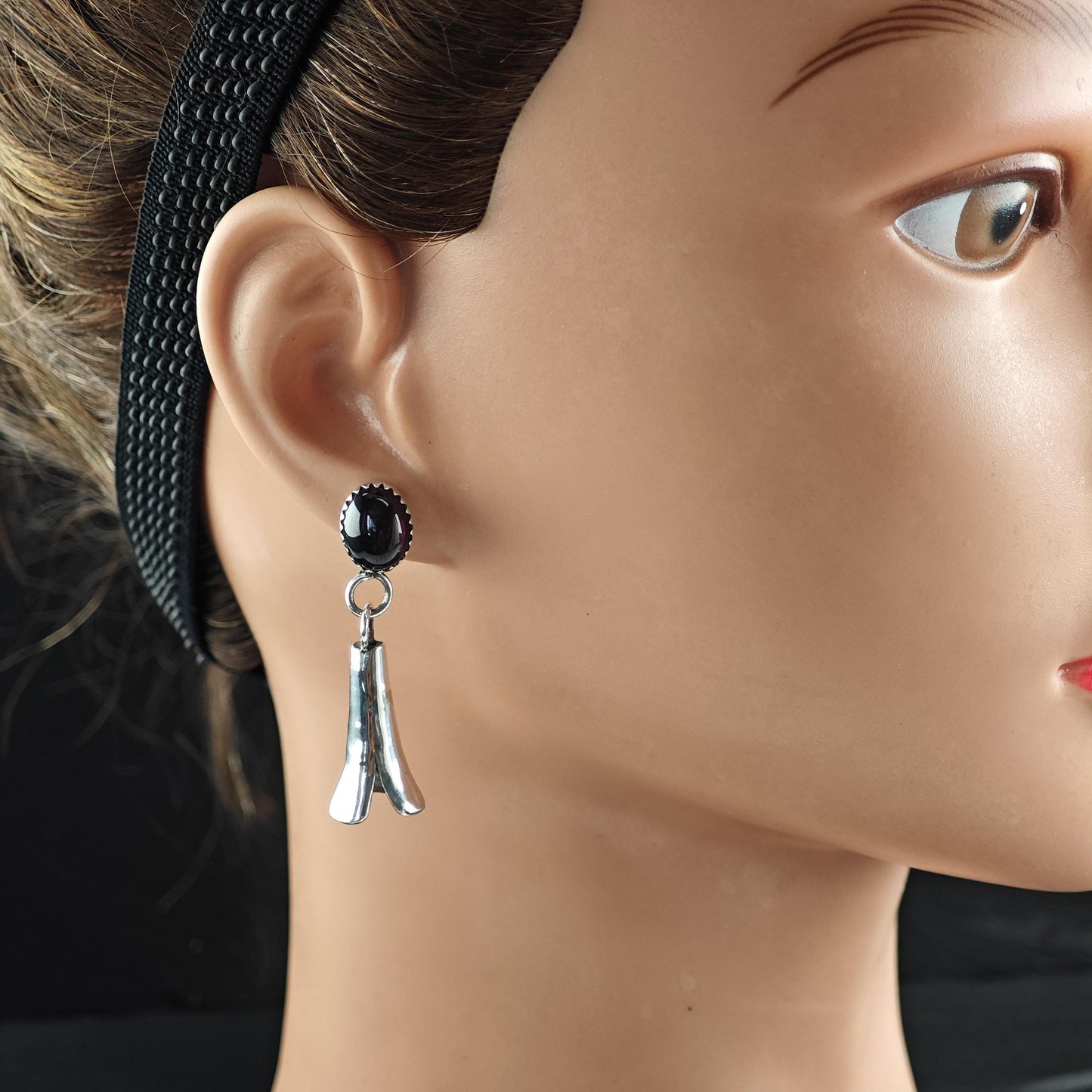 Southwest Red Dark Pyrope Garnet Squash Blossom Stud/Dangle Earrings Sterling Silver