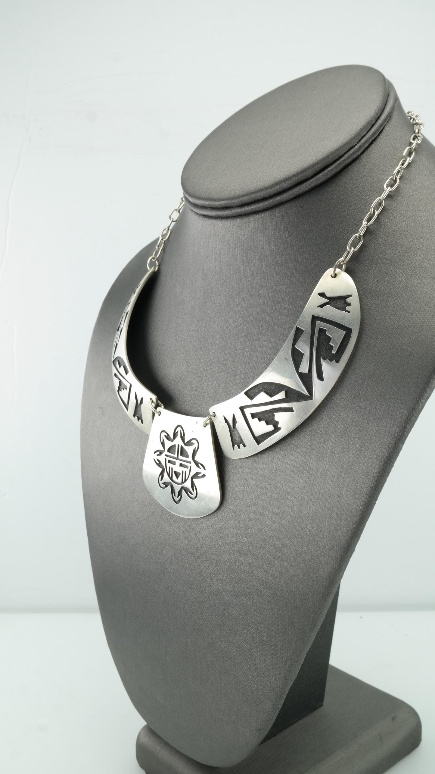 Vintage Hopi Sterling Silver Overlay Necklace with Sunface Pendant, Native American, 1980s