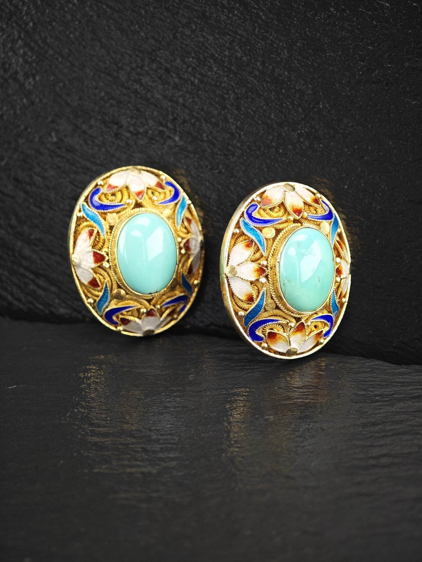 Chinese Export Turquoise, Vermeil Enamel Sterling Silver Stud Earrings