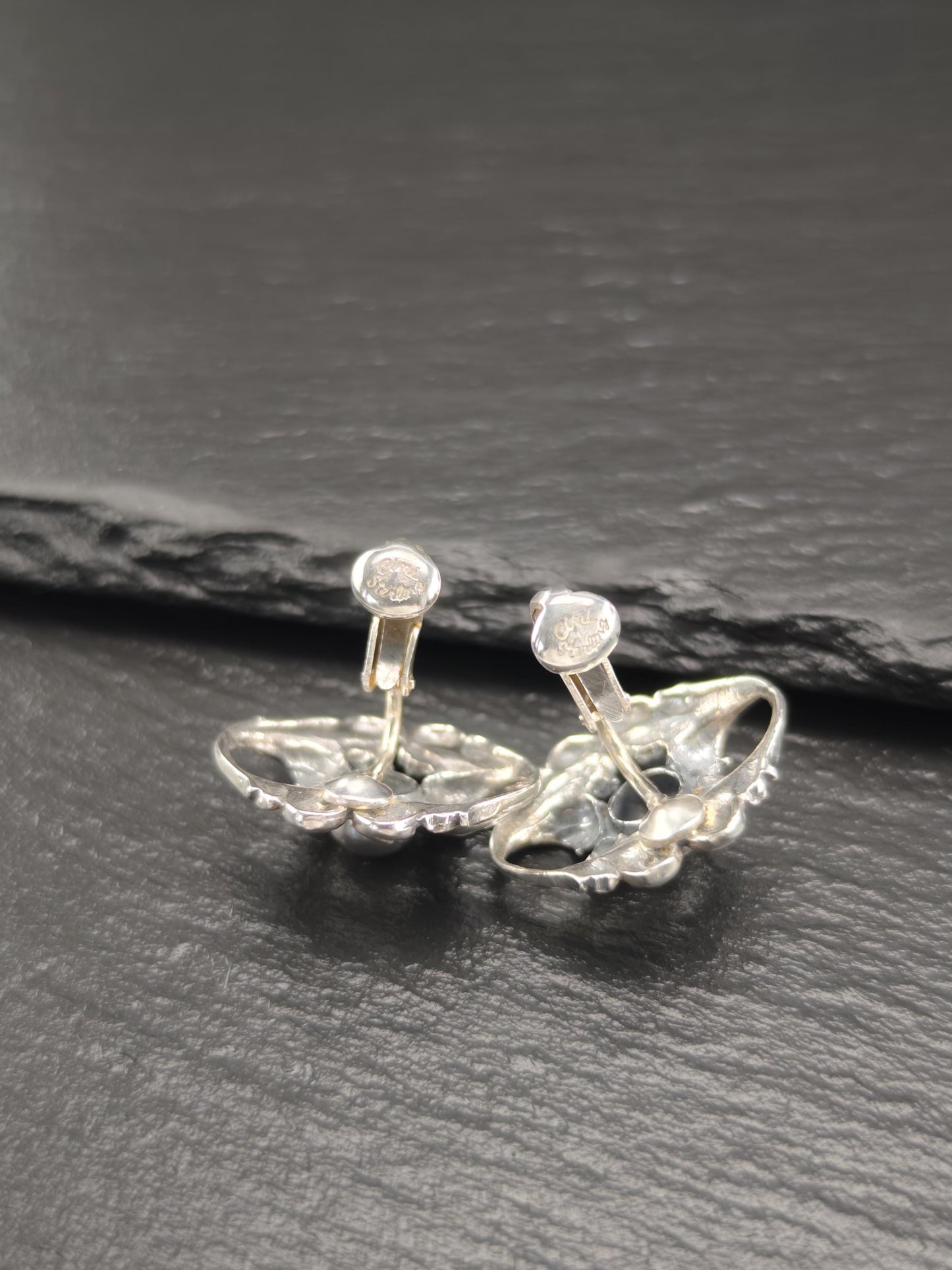 Vintage Sterling Silver Cini Floral Clip-On Earrings Art Nouveau Style