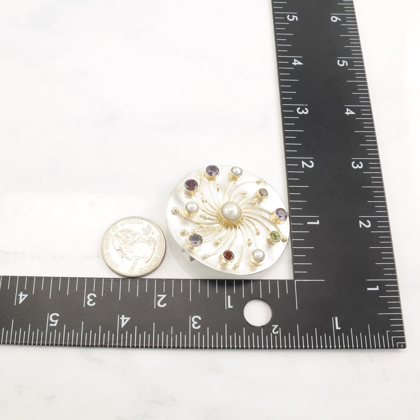 Modernist Pearl, Multi Gemstone Sterling Silver Pendant Brooch P2069