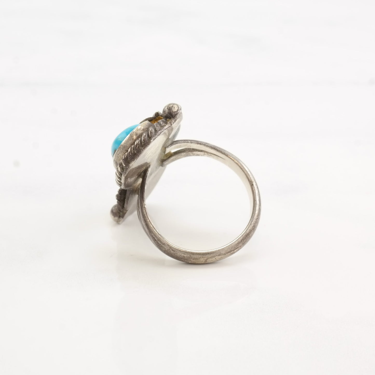 Vintage Native American Silver Ring Turquoise Leaf Double Stone Sterling Size 7 1/2