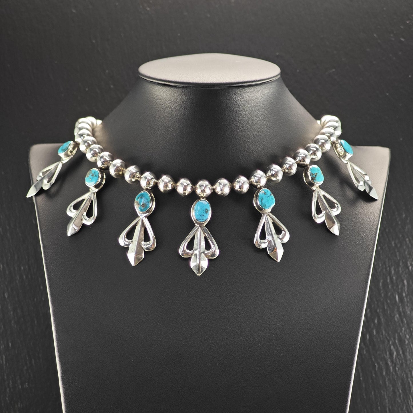 Native American Turquoise Beaded Necklace Earring Set - Sterling Silver Jewelry