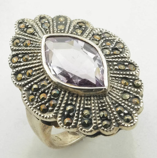 Vintage Art Deco Silver Ring Amethyst Marcasite Sterling Purple Size 6