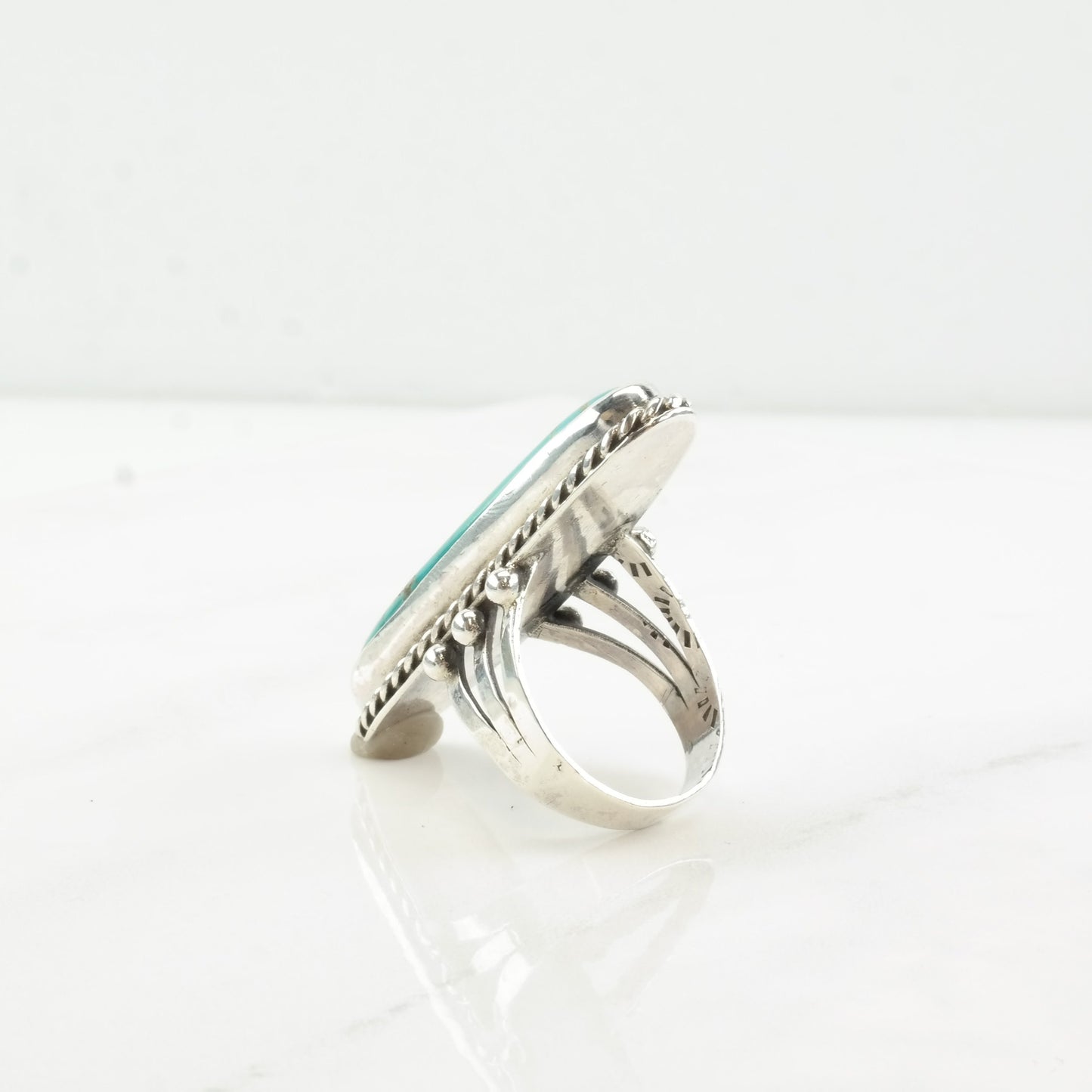 Vintage Southwest Silver Ring Turquoise Navette Long Oval Sterling Size 9 3/4