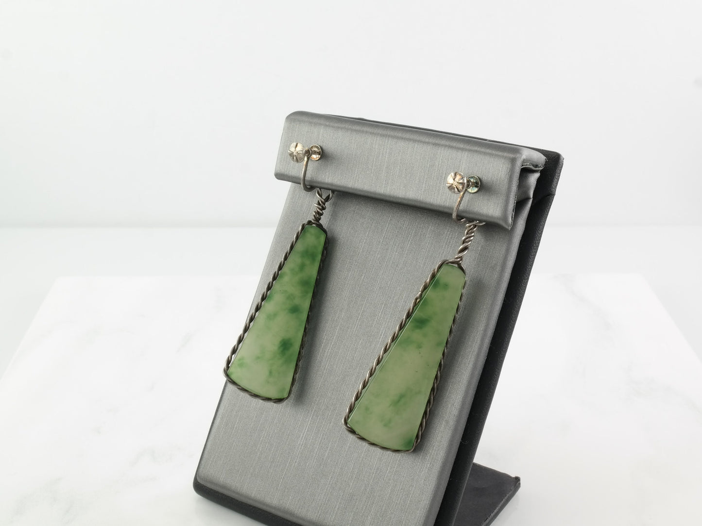 Vintage Green Jade Earrings | Sterling Silver Dangle Earrings | Art Deco Style | 1940s