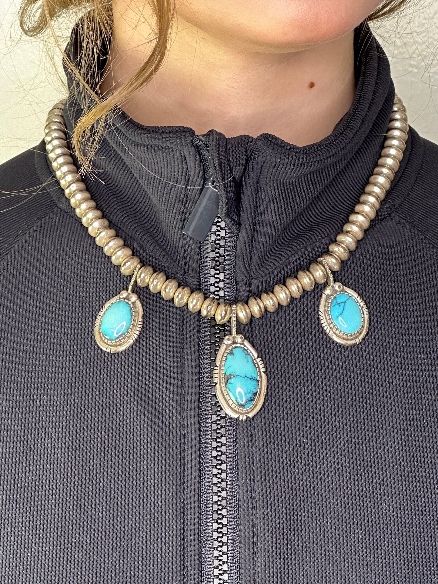 Vintage Tim Guerro Sterling Silver necklace Blue Triple Turquoise stones Hogan Beads