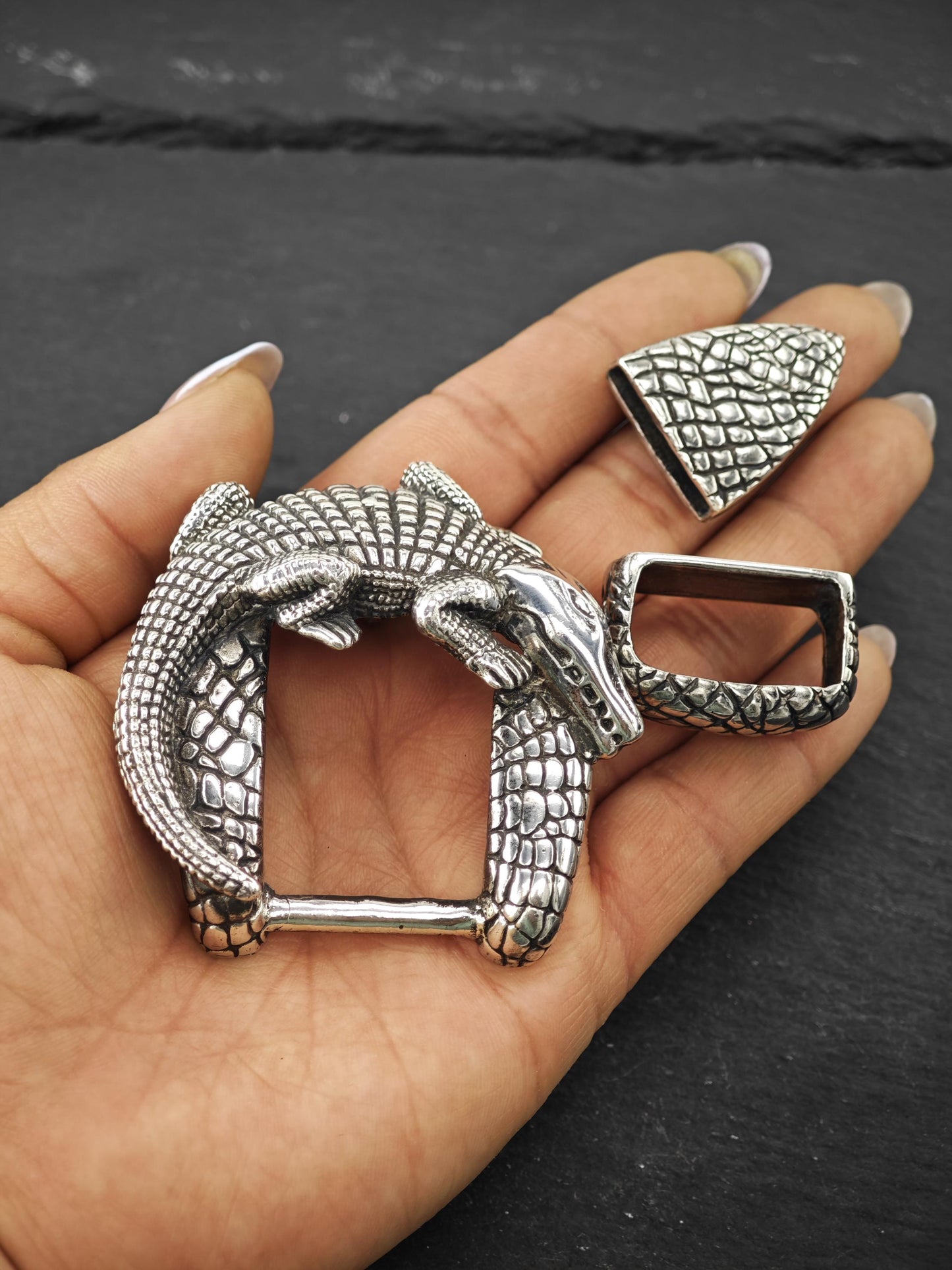 Vintage Jeff Deegan Alligator Belt Buckle Set Sterling Silver