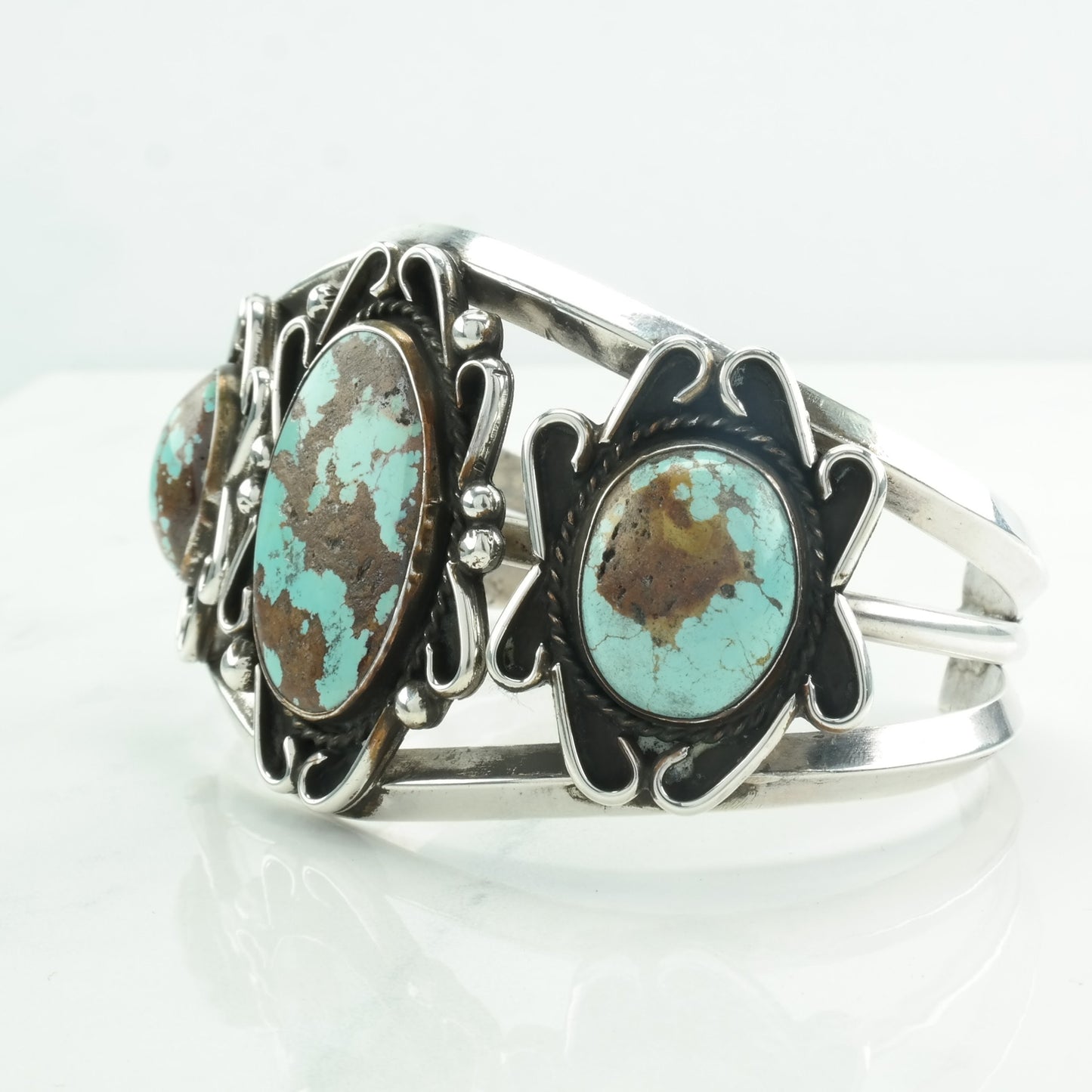 Number Eight Turquoise Native American Sterling Silver Cuff Bracelet Three Stone