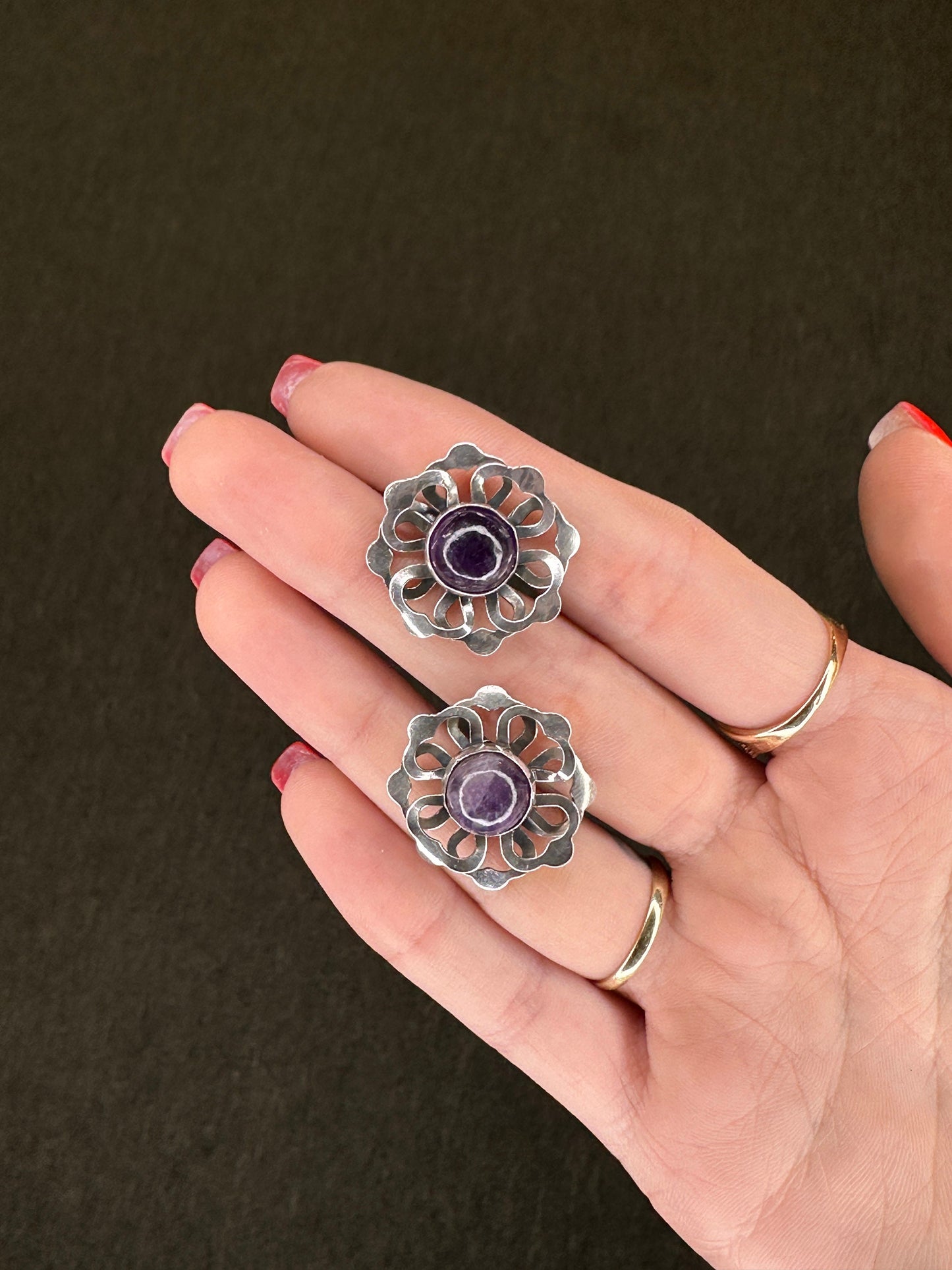 Taxco Style Sterling Silver Amethyst Floral Earrings Screw back